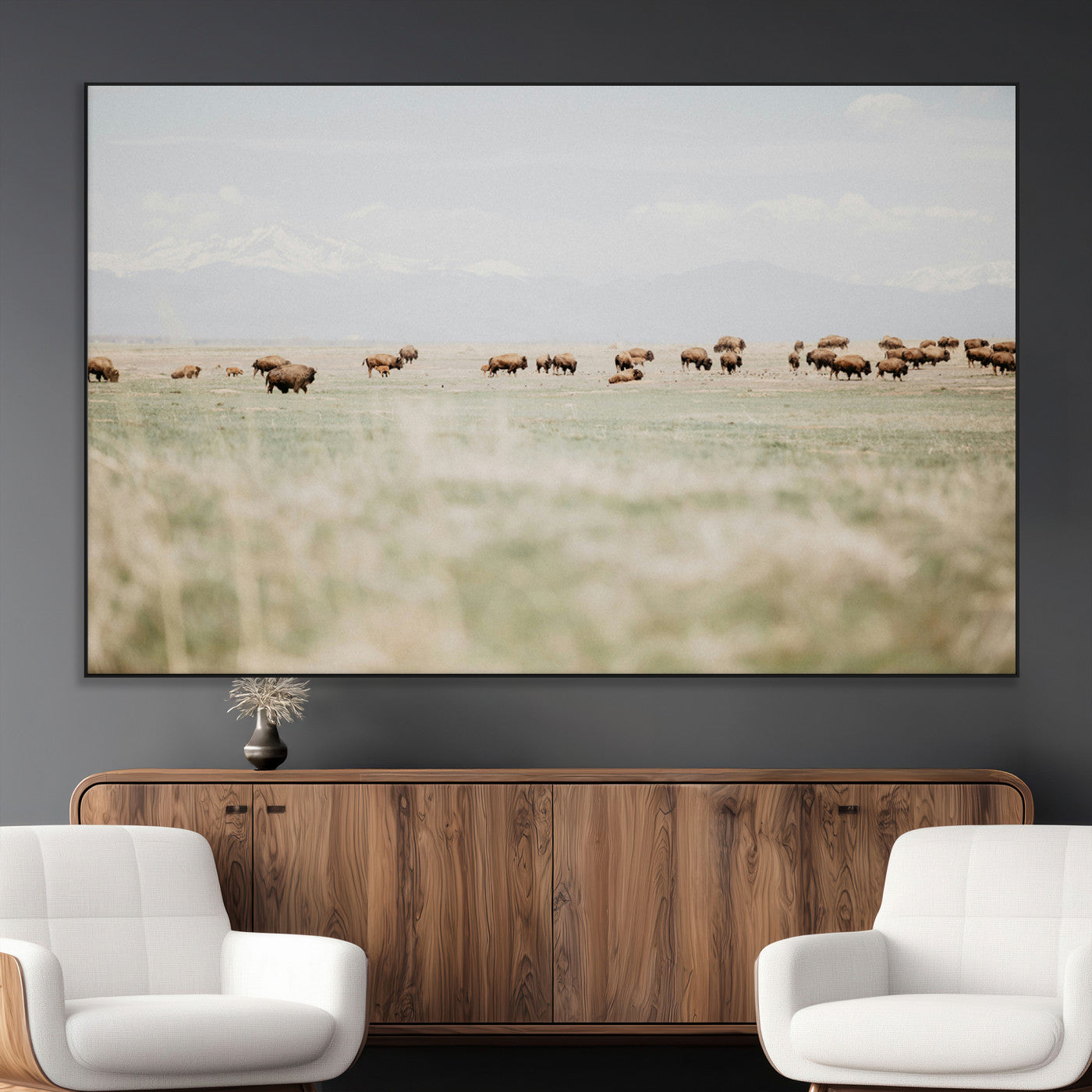 SEG-FC-51X34_Oversize - Bison Herd Wall Art Canvas Print, Framed Western Art Picture Print, Bison Perfect Ranch Decor Artwork