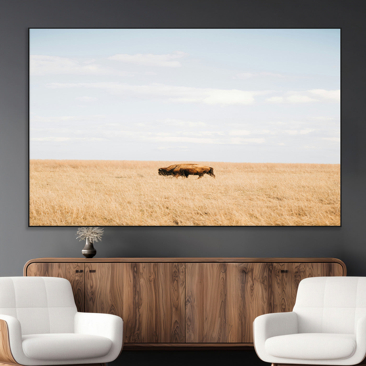 SEG-FC-51X34_Oversize - Minimalist Nature Wall Art Canvas Print, Framed Bison In Grassland Art Picture Print, Open Field Perfect Modern Ranch Decor Decor Artwork