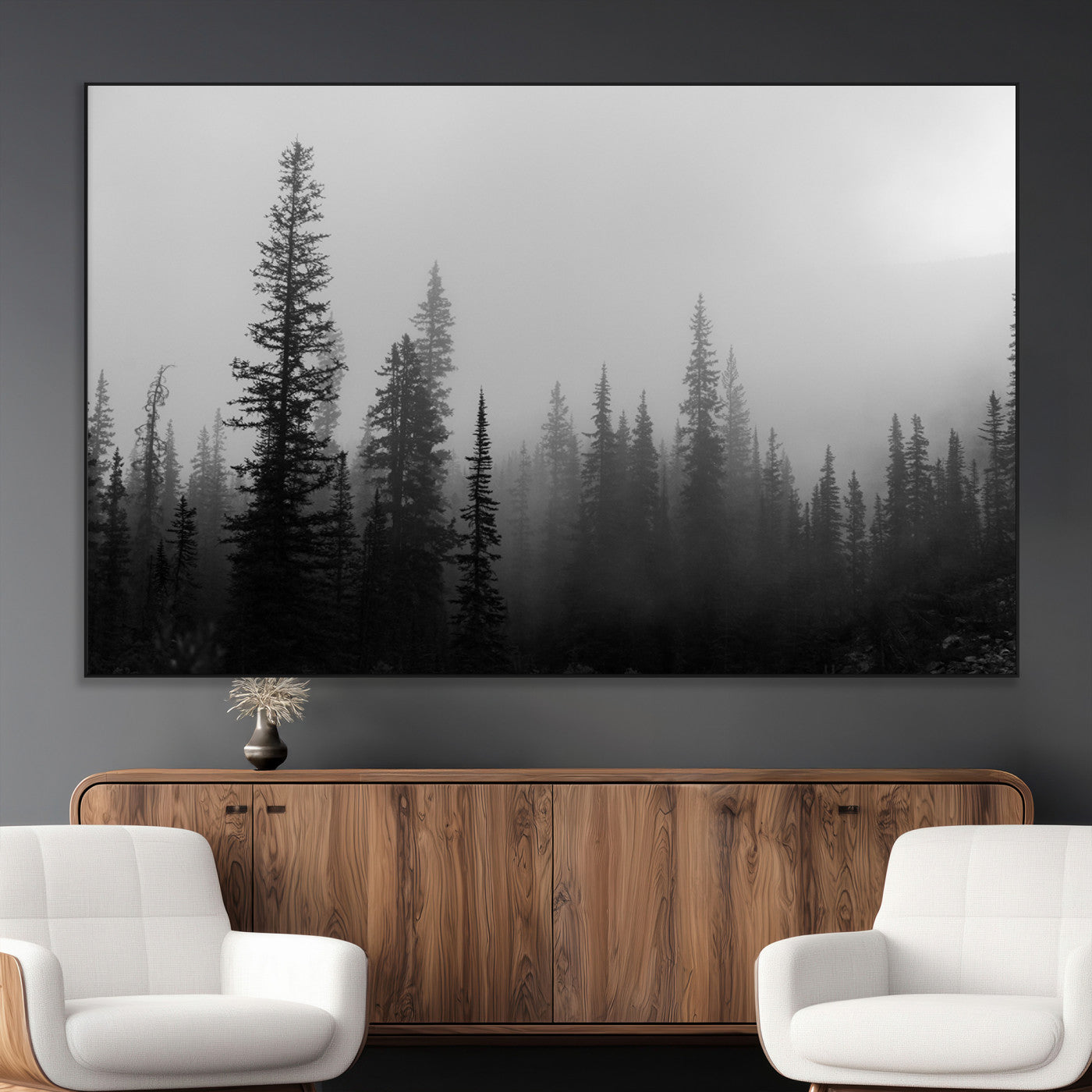 SEG-FC-51X34_Oversize - Misty Pines Wall Art Canvas Print, Framed Woodland Photography Art Picture Print, Minimalist Decor Perfect Rustic Decor Artwork