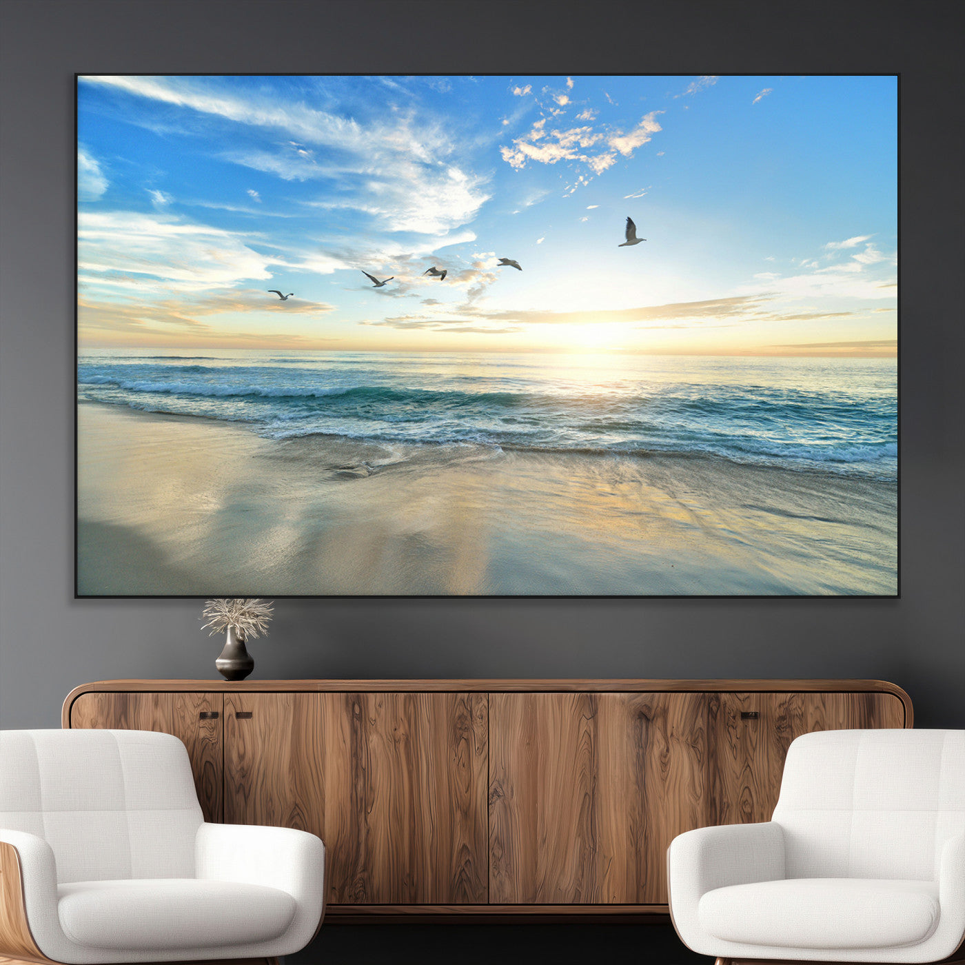 SEG-FC-51X34_Oversize - Minimalist Seaside Wall Art Canvas Print, Framed Morning Glow Art Picture Print, Golden Reflections Perfect Coastal Minimalist Decor Artwork