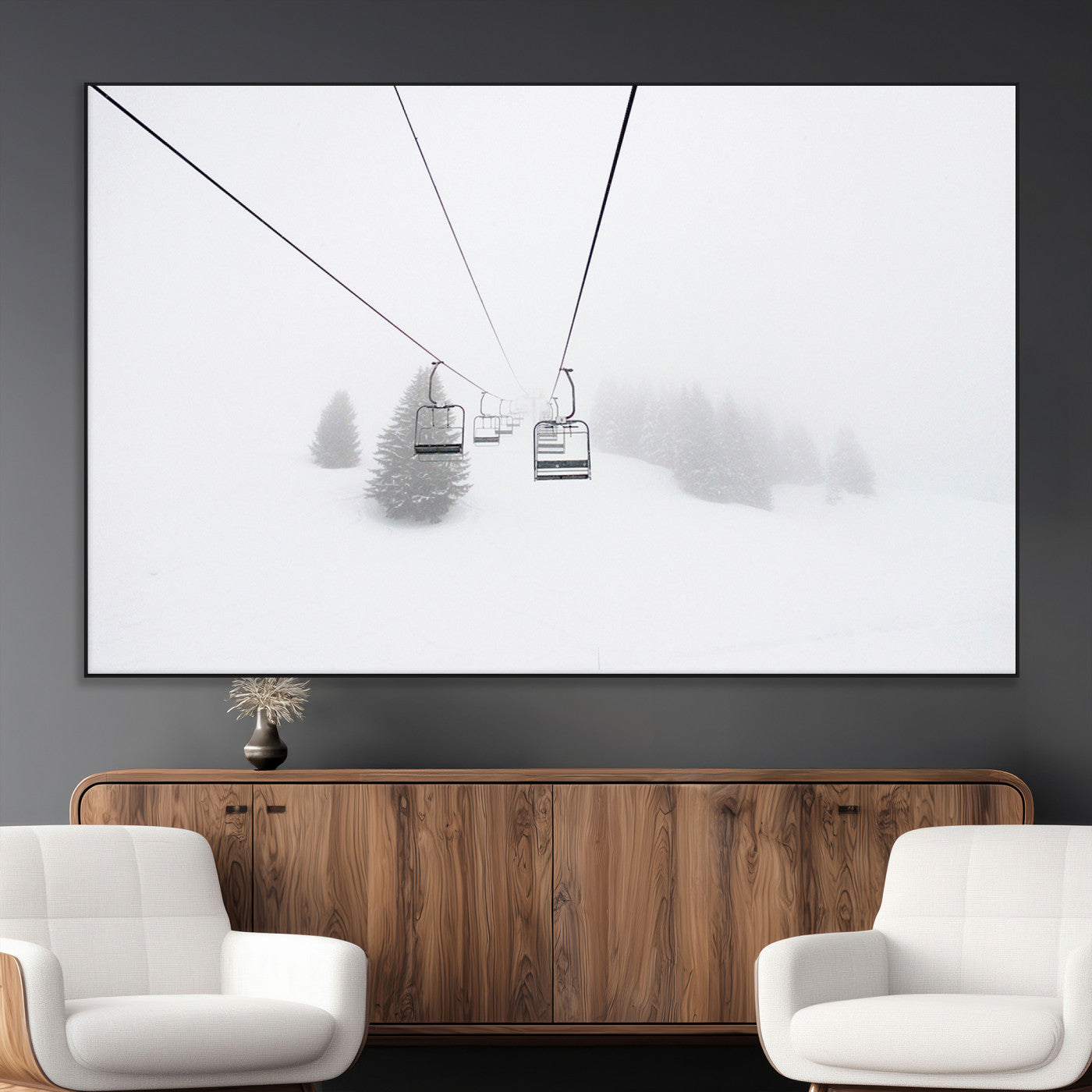 SEG-FC-51X34_Oversize - Ski Lift Wall Art Canvas Print, Framed Snowy Landscape Art Picture Print, Alpine Adventure Perfect Nordic Minimalist Decor Artwork