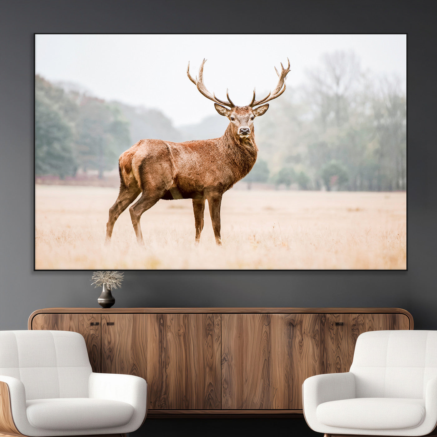 SEG-FC-51X34_Oversize - Vintage Wildlife Art Wall Art Canvas Print, Framed Misty Landscape Art Picture Print, Deer Wall Art Perfect Rustic Wildlife Decor Artwork