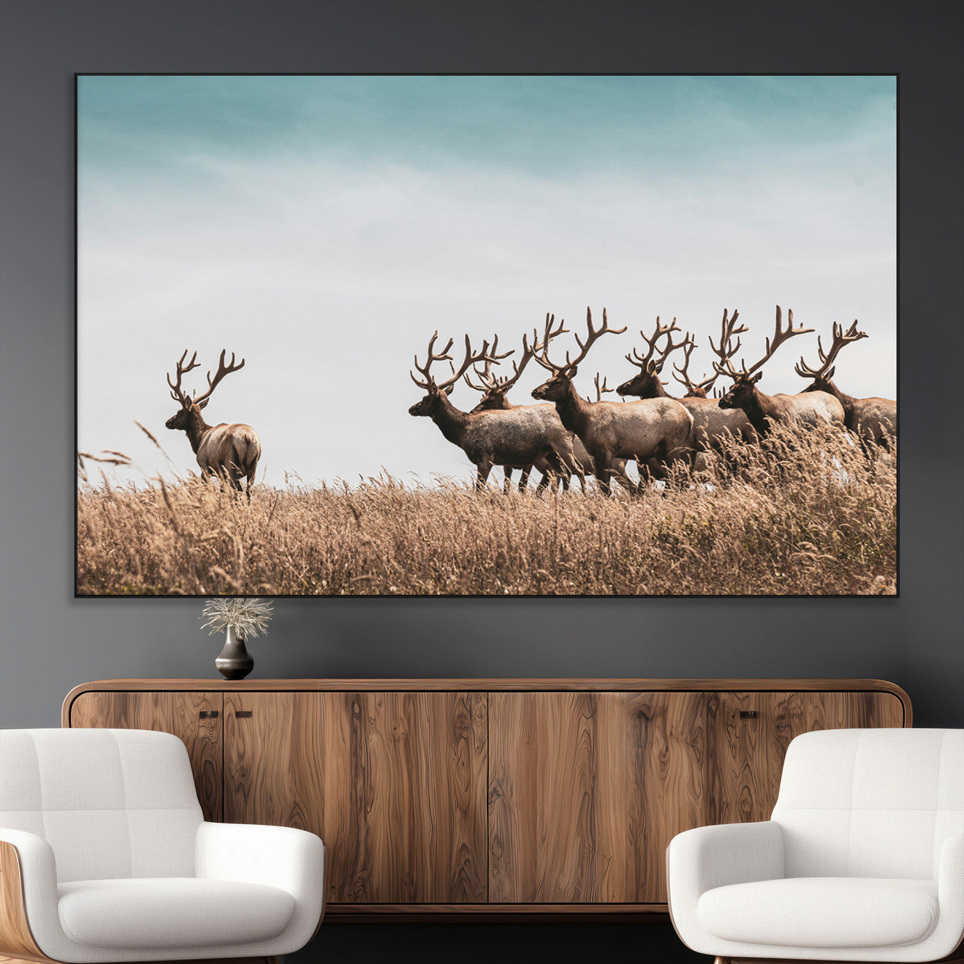 SEG-FC-51X34_Oversize - Elk Herd Wall Art Canvas Print, Framed Wildlife Photography Art Picture Print, Rustic Nature Print Perfect Rustic Wildlife Decor Artwork