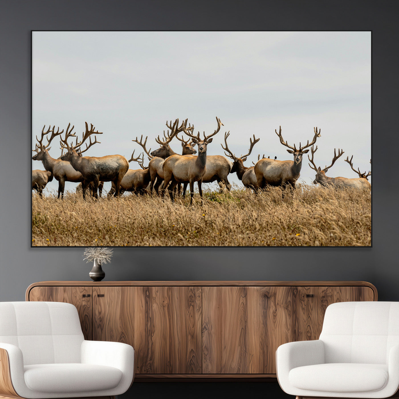 SEG-FC-51X34_Oversize - Elk Herd Wall Art Canvas Print, Framed Wildlife Photography Art Picture Print, Majestic Antlers Perfect Rustic Wildlife Decor Artwork