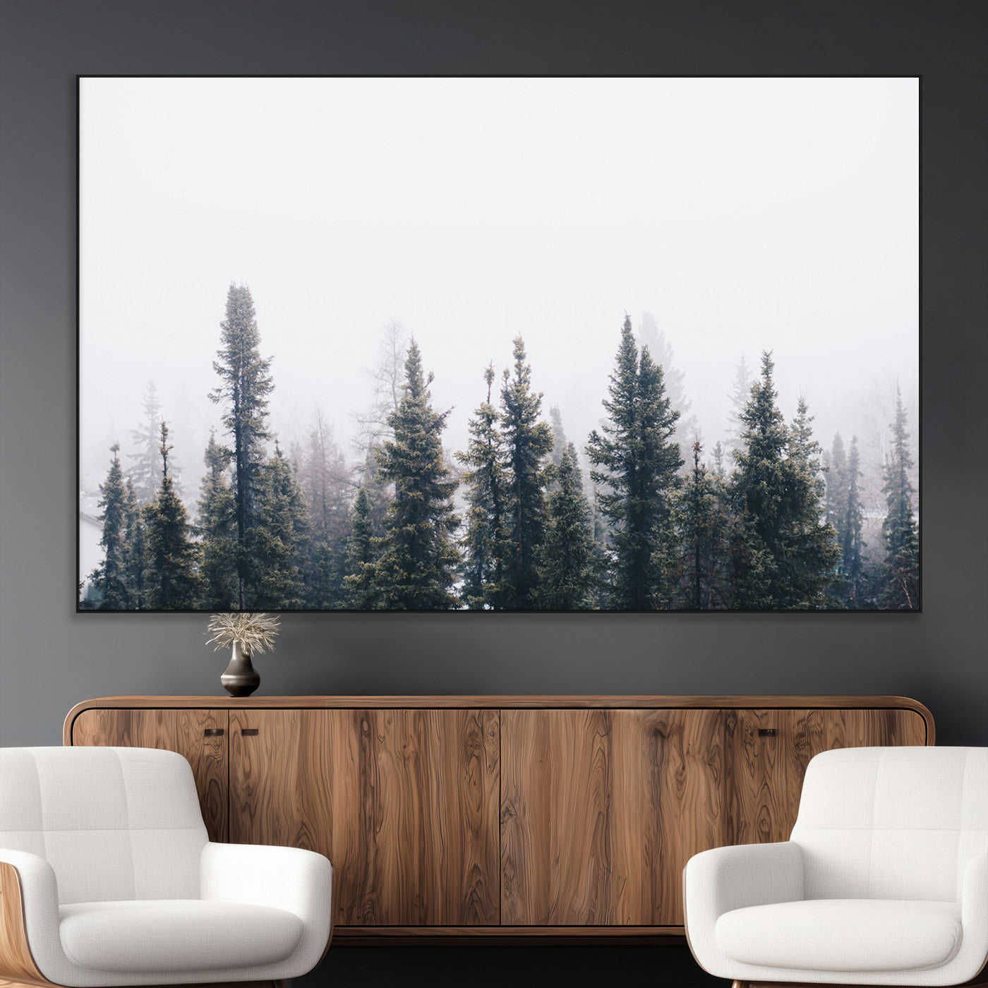 SEG-FC-51X34_Oversize - Foggy Forest Wall Art Canvas Print, Framed Misty Pines Art Picture Print, Moody Woodland Perfect Scandinavian Minimalist Decor Artwork