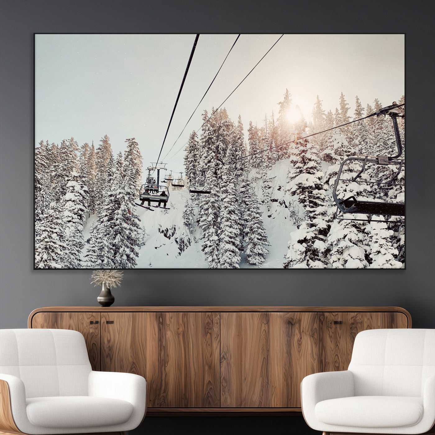 SEG-FC-51X34_Oversize - Frosty Pines Wall Art Canvas Print, Framed Cozy Cabin View Art Picture Print, Ski Lift Ride Perfect Rustic Lodge Decor Artwork
