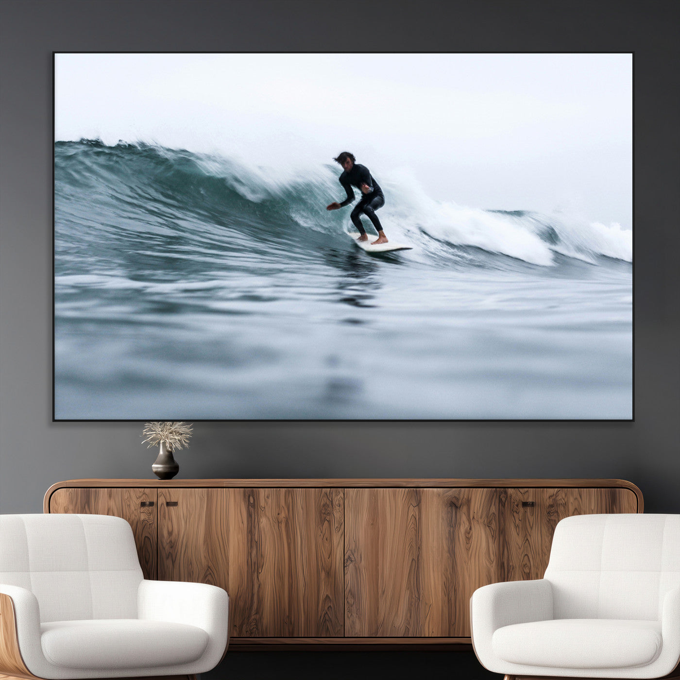 SEG-FC-51X34_Oversize - Surfer on Wave Wall Art Canvas Print, Framed Ocean Adventure Art Picture Print, Motion Blur Water Perfect Coastal Adventure Decor Artwork
