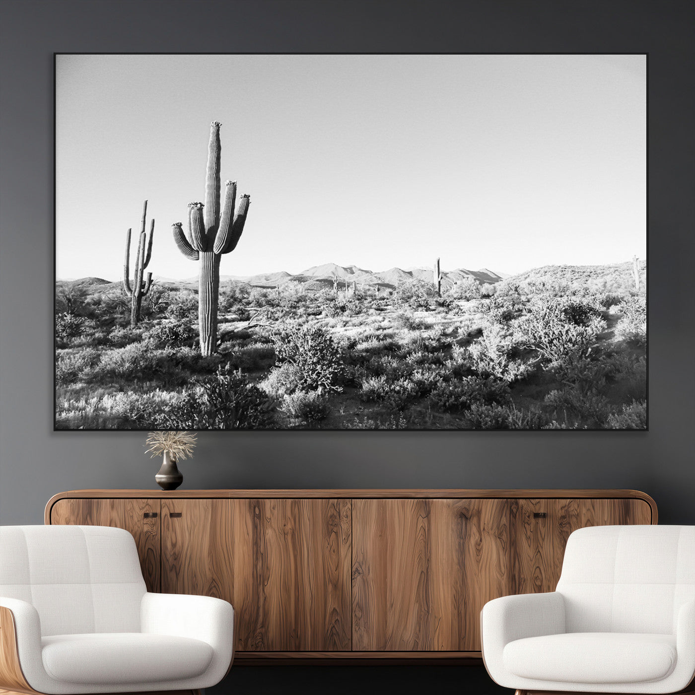 SEG-FC-51X34_Oversize - Saguaro Cactus Wall Art Canvas Print, Framed Monochrome Landscape Art Picture Print, Scenic Arizona View Perfect Minimalist Western Decor Artwork