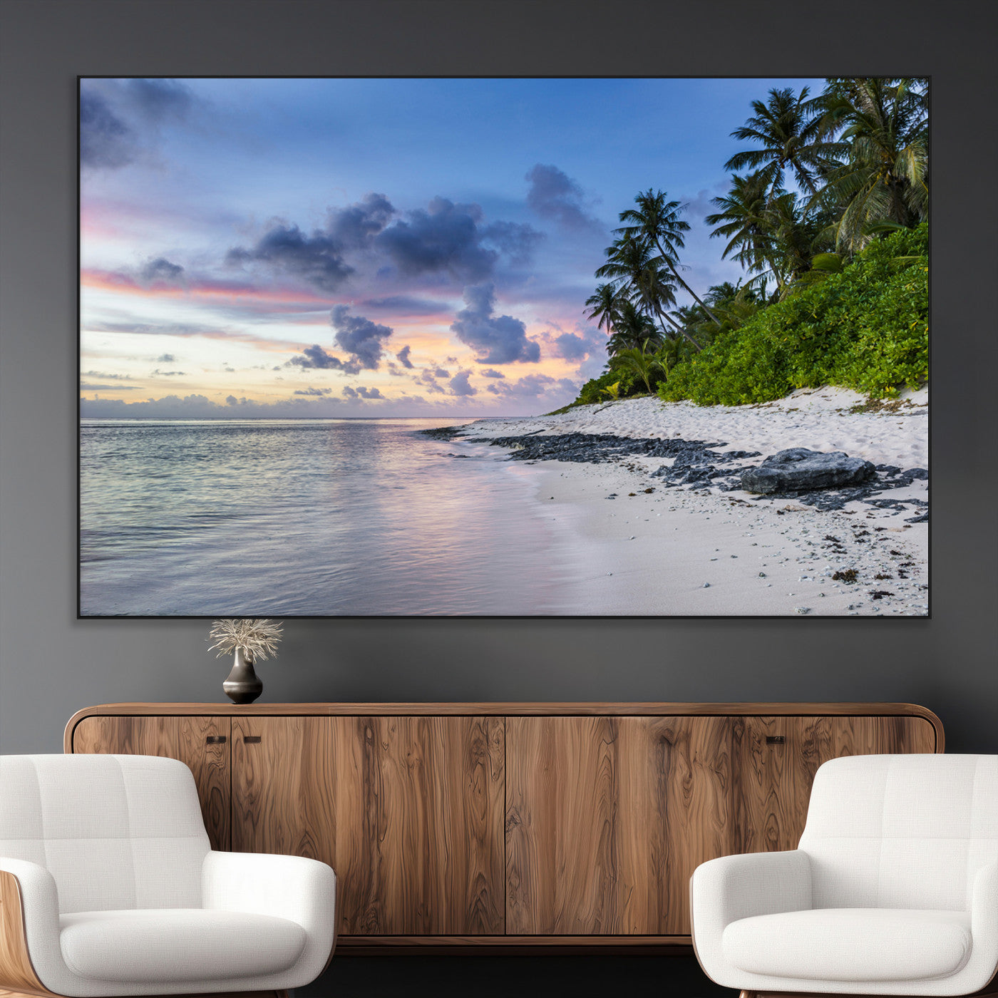 SEG-FC-51X34_Oversize - Tropical Beach Wall Art Canvas Print, Framed Sunset Glow Art Picture Print, Palm Tree Coast Perfect Tropical Coastal Decor Artwork