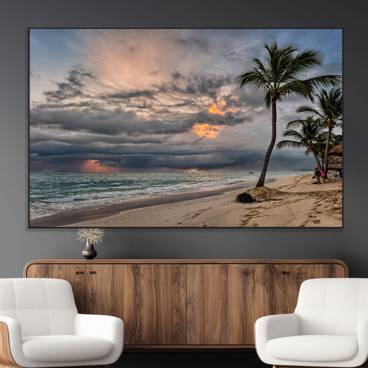 SEG-FC-51X34_Oversize - Tropical Storm Wall Art Canvas Print, Framed Moody Beach Art Picture Print, Dramatic Sky Perfect Tropical Coastal Decor Artwork