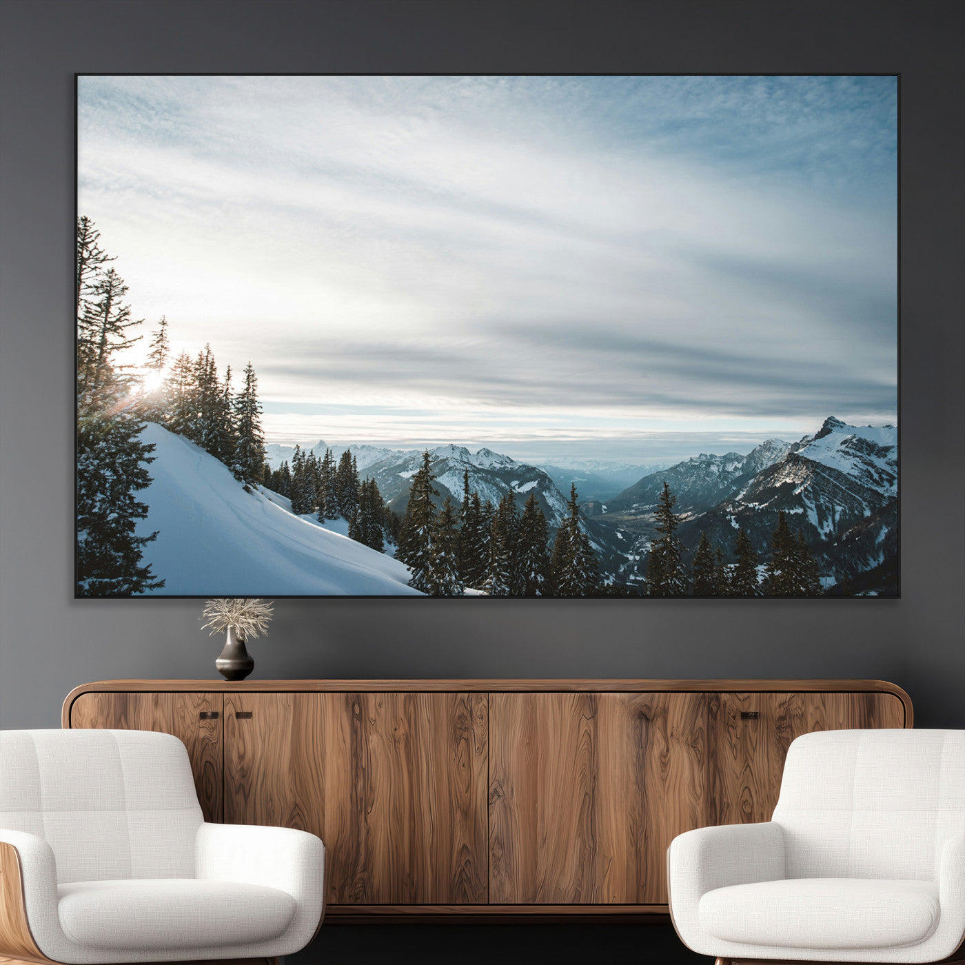 SEG-FC-51X34_Oversize - Snowy Mountains Wall Art Canvas Print, Framed Alpine Landscape Art Picture Print, Frosty Peaks Perfect Nordic Minimalist Decor Artwork