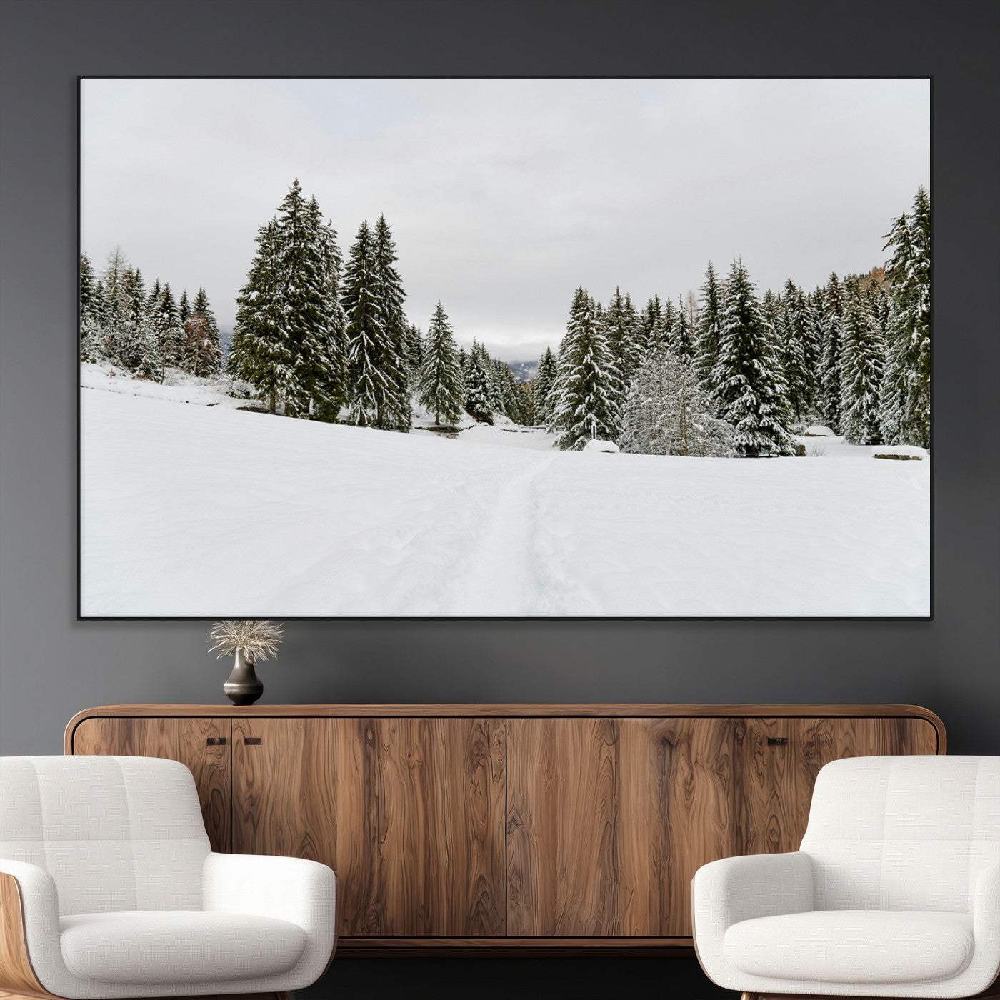 SEG-FC-51X34_Oversize - Frosty Pines Wall Art Canvas Print, Framed Silent Snowfall Art Picture Print, Cozy Cabin Vibes Perfect Nordic Minimalist Decor Artwork