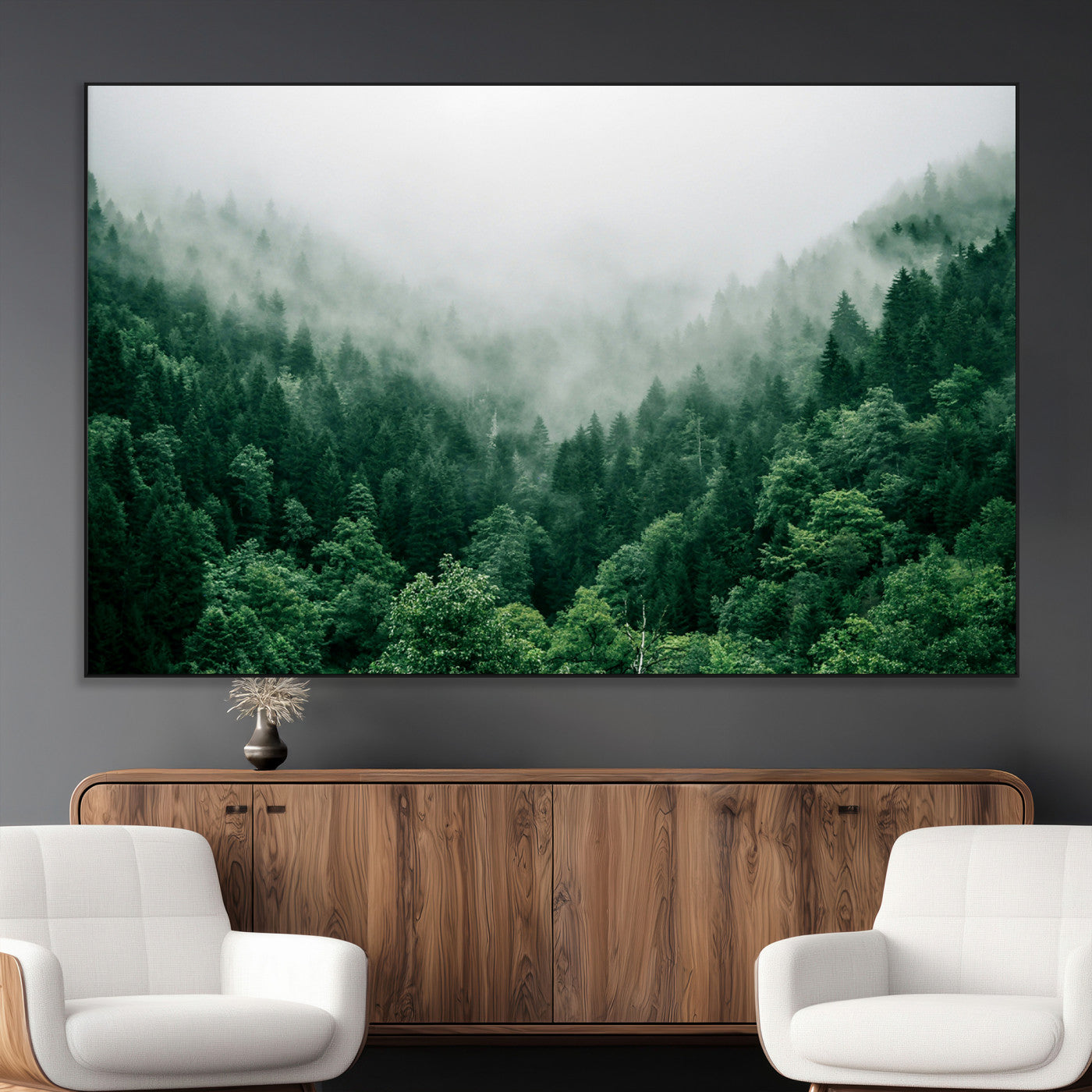 SEG-FC-51X34_Oversize - Misty Green Forest Canvas Print – Serene Foggy Pine Landscape Wall Art, Tranquil Nature Decor for