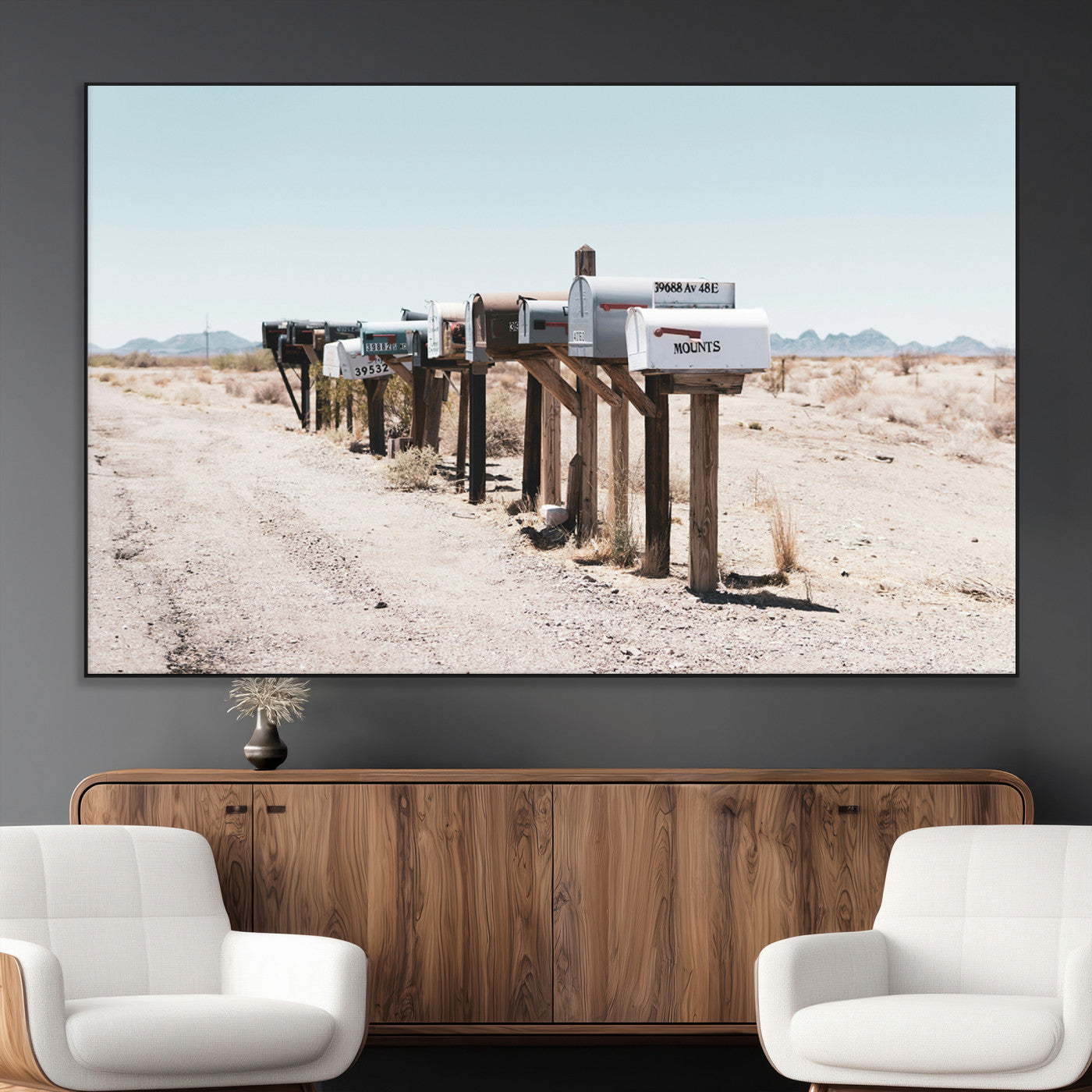 SEG-FC-51X34_Oversize - Desert Mailboxes Canvas Print – Minimal Western Landscape Photography, Rustic Americana Wall Art for