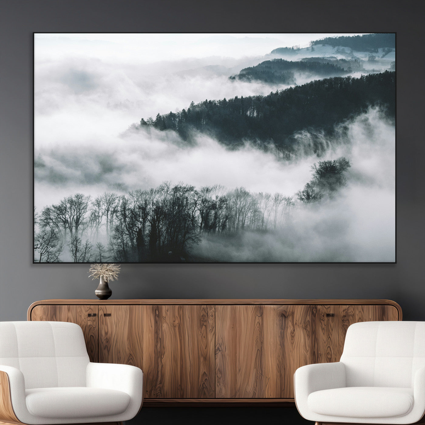 SEG-FC-51X34_Oversize - Foggy Forest Landscape Wall Art Canvas Print – Misty Mountain Valley Scene in Monochrome Tones,