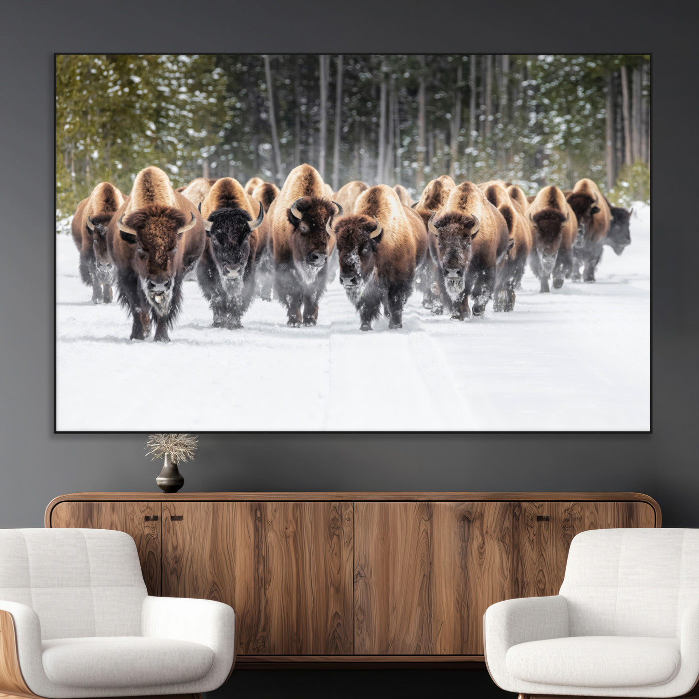 SEG-FC-51X34_Oversize - American Bison Herd in Snow Wall Art Canvas Print – Powerful Winter Wildlife Scene with Buffalo in
