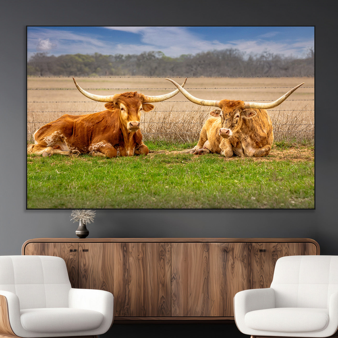 SEG-FC-51X34_Oversize - Texas Longhorn Pair Wall Art Canvas Print – Peaceful Rustic Ranch Scene with Two Cattle in Field,