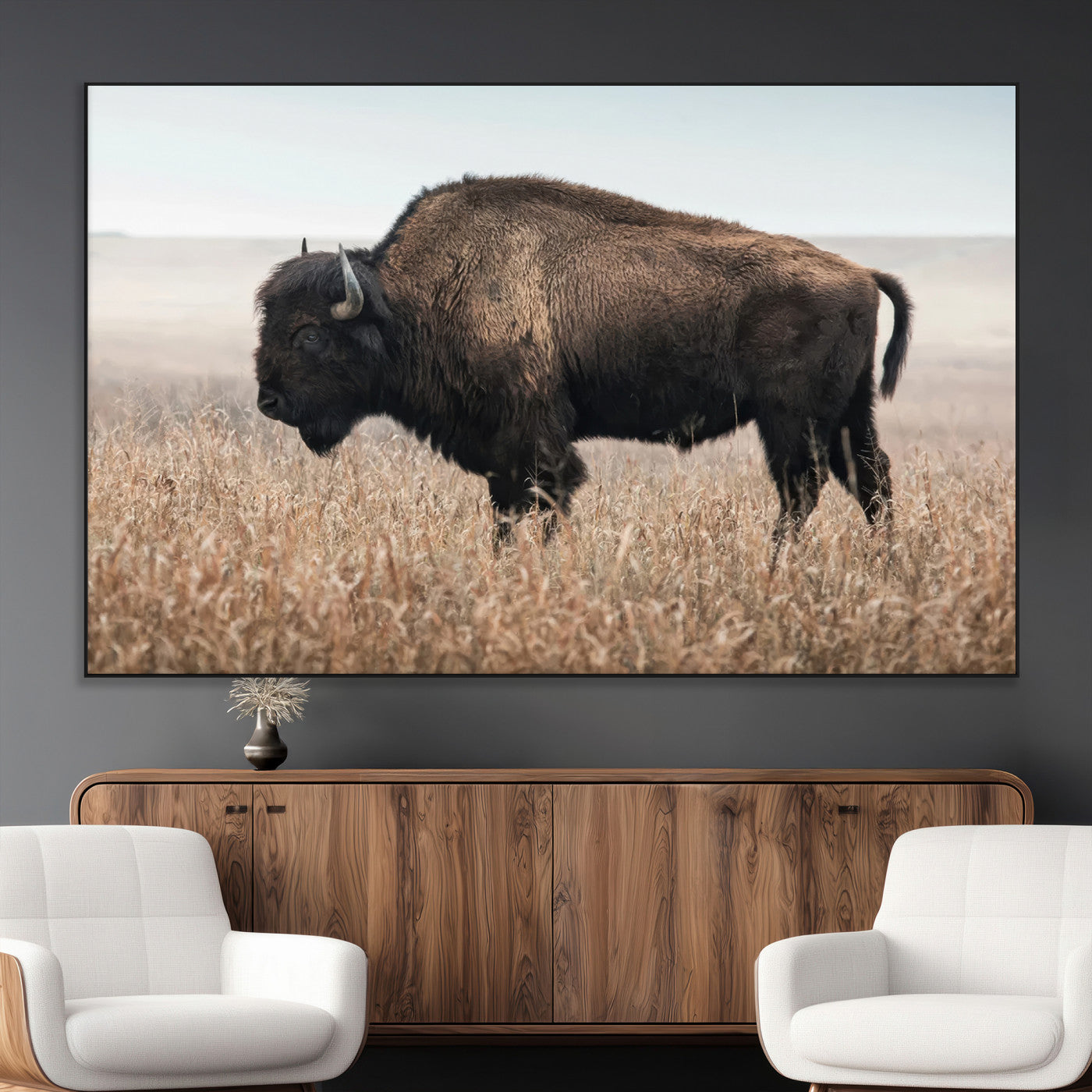SEG-FC-51X34_Oversize - American Bison in Field  Wall Art Canvas Print – Powerful Winter Wildlife Scene with Buffalo in