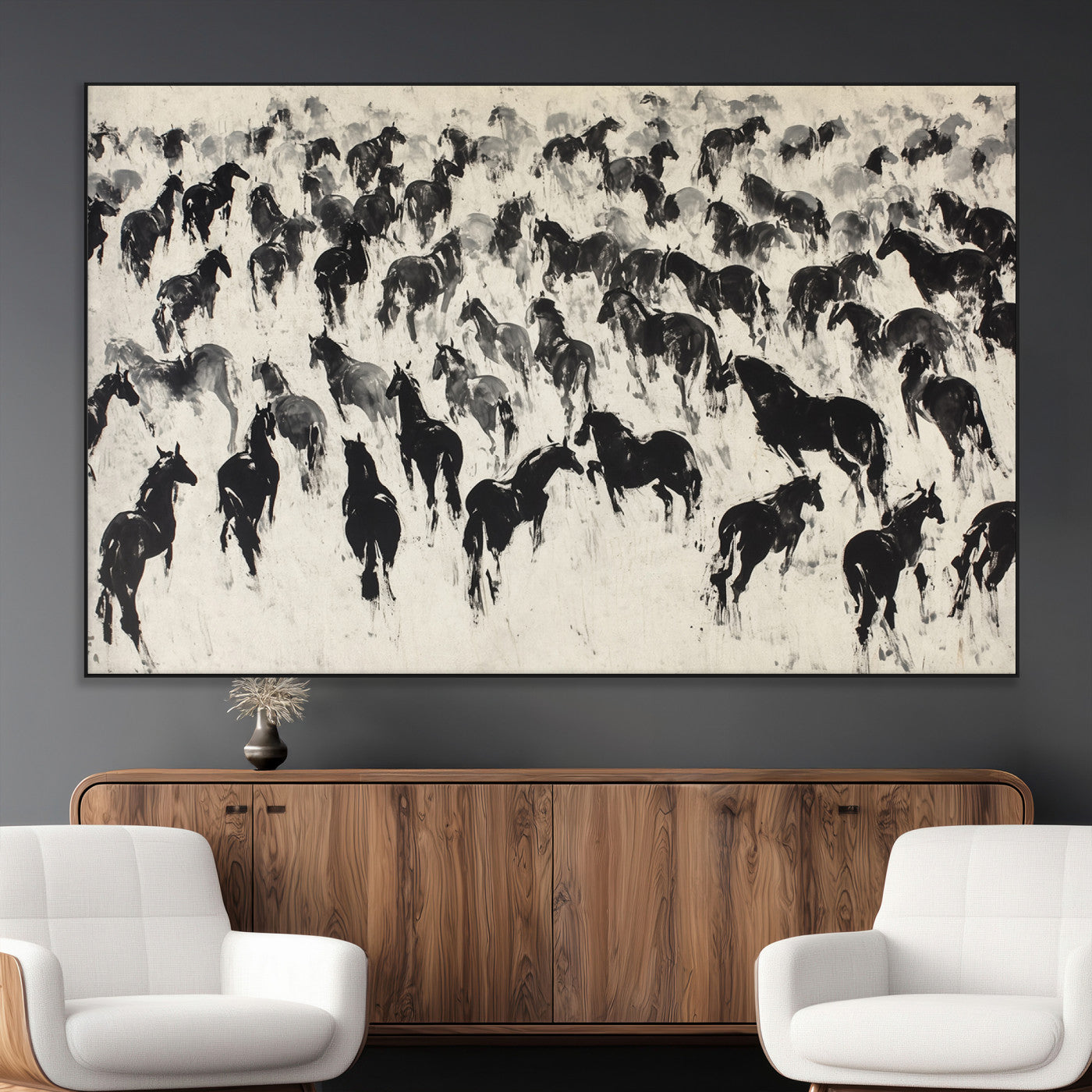SEG-FC-51X34_Oversize - Wild Horse Stampede Wall Art Canvas Print – Monochrome Ink Brush Painting of Running Horses, Perfect