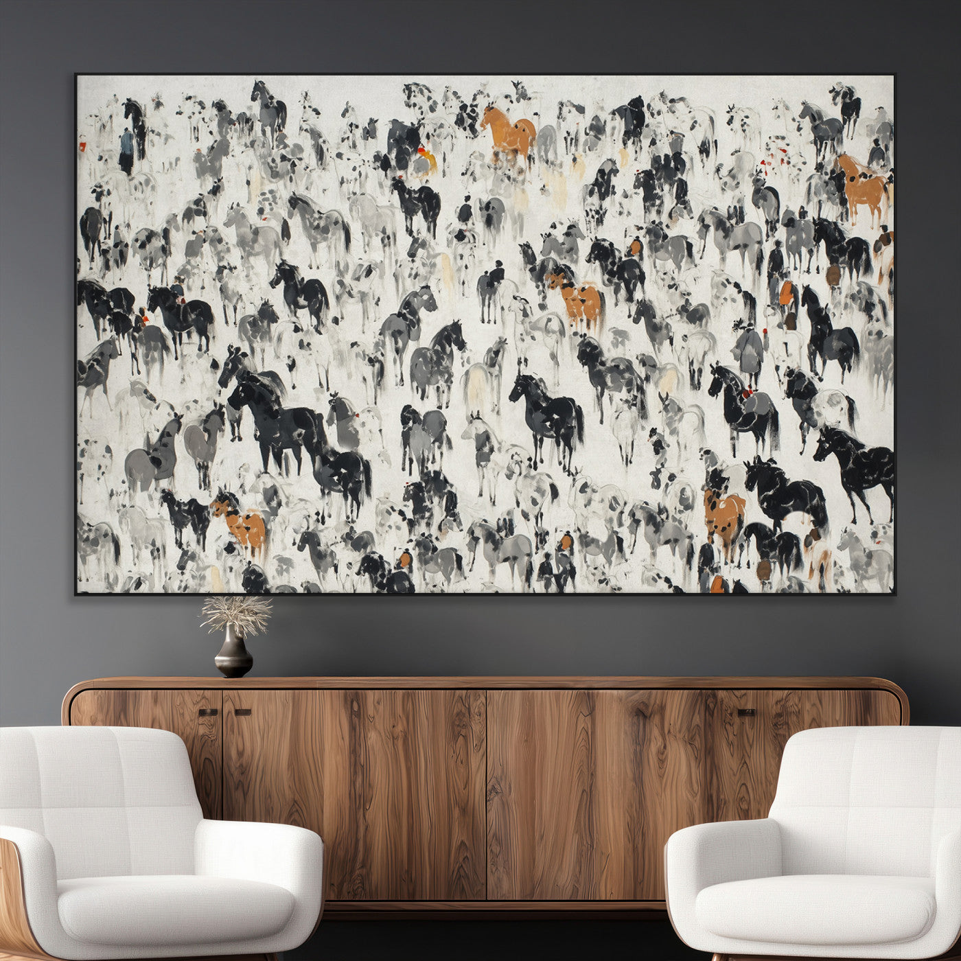SEG-FC-51X34_Oversize - Wild Horse Stampede Wall Art Canvas Print – Monochrome Ink Brush Painting of Running Horses, Perfect