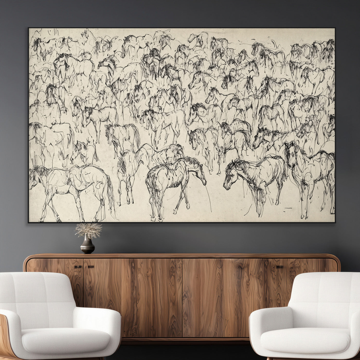 SEG-FC-51X34_Oversize - Wild Horse Stampede Wall Art Canvas Print – Monochrome Ink Brush Painting of Running Horses, Perfect