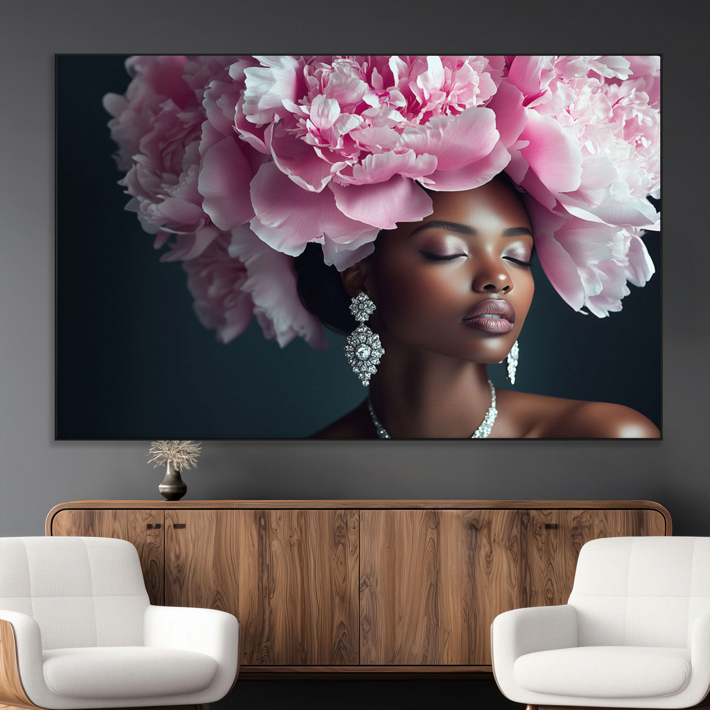 SEG-FC-51X34_Oversize - Black Beauty Petal Crown Wall Art Print Floral Petal Headpiece, Petal-Inspired Art, Floral Crown