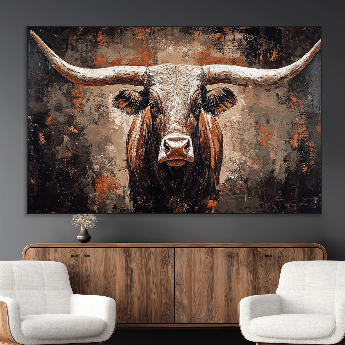 SEG-FC-51X34_Oversize - Rustic Longhorn Bull Wall Art Canvas Print – Vintage Western Cattle Painting, Texas Steer Artwork
