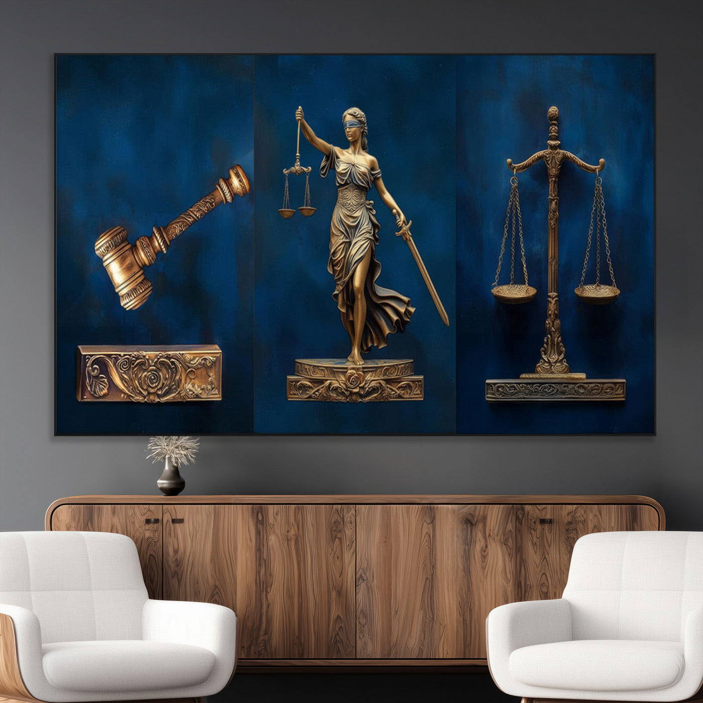 SEG-FC-51X34_Oversize - Lady Justice Wall Art Canvas Print – Elegant Gold Legal Symbols on Blue Background, Perfect for Law