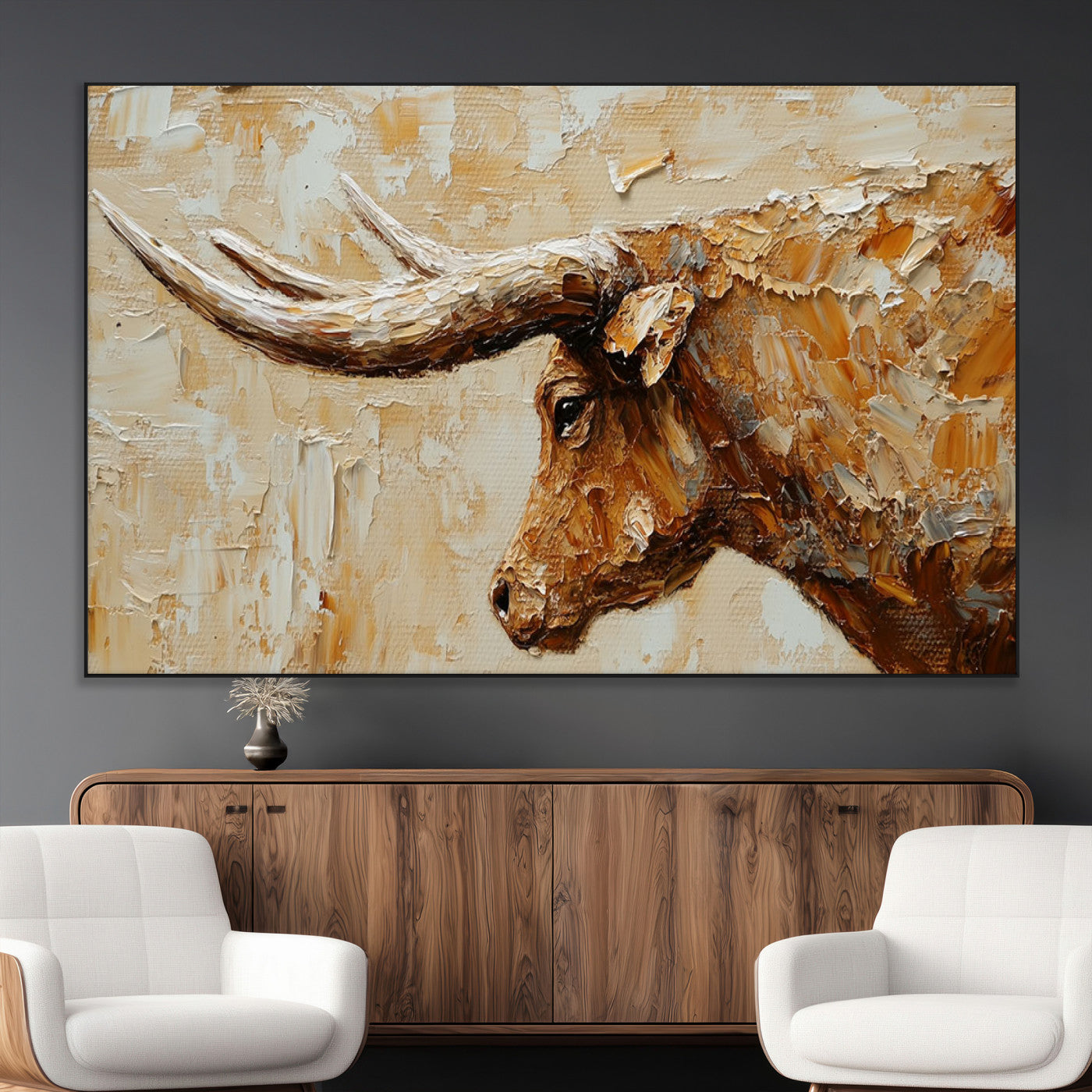 SEG-FC-51X34_Oversize - Rustic Longhorn Bull Wall Art Canvas Print – Vintage Western Cattle Painting, Texas Steer Artwork