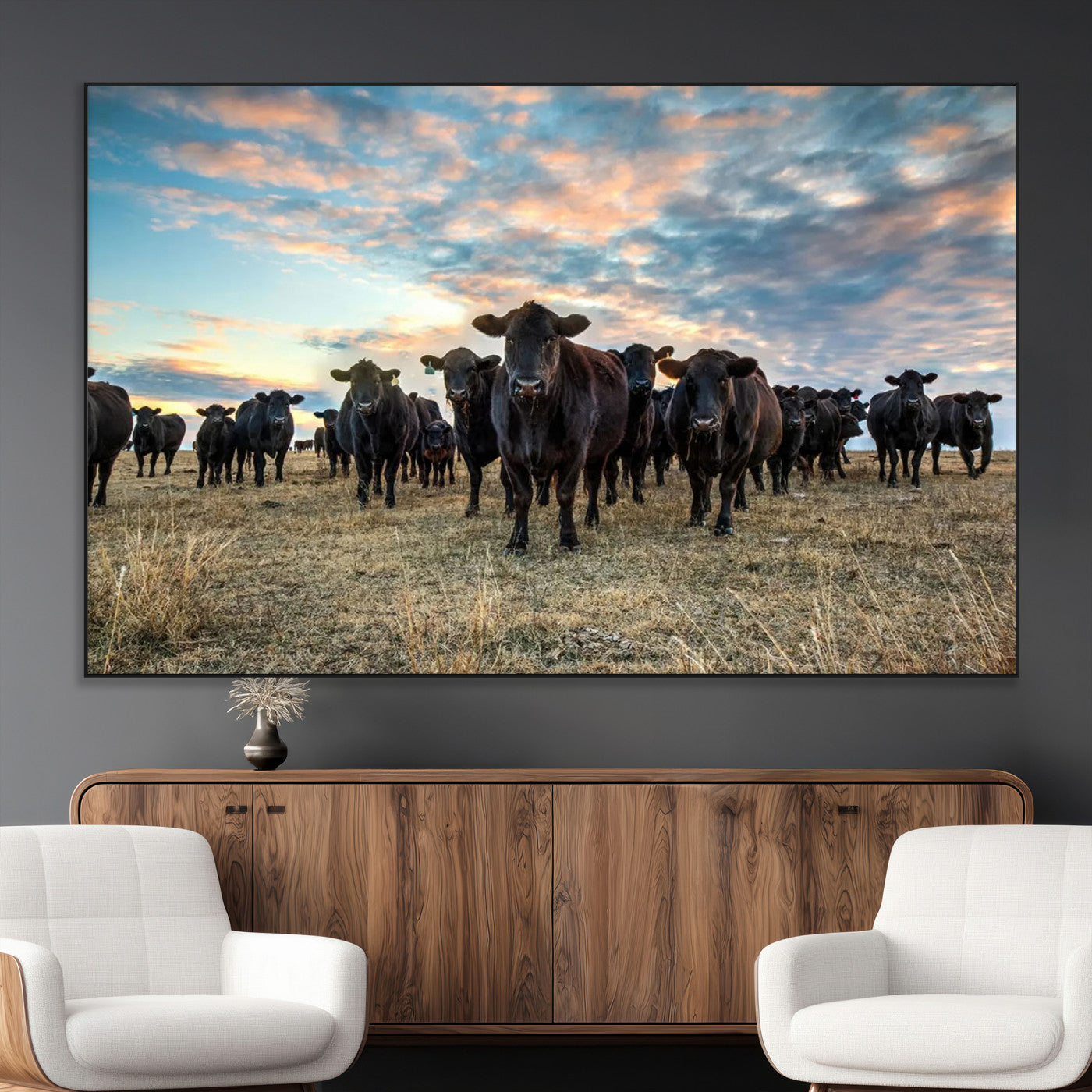 SEG-FC-51X34_Oversize - Texas Longhorn Cattle Wall Art Canvas Print – Rustic Western Ranch Scene with Steers at Sunset,