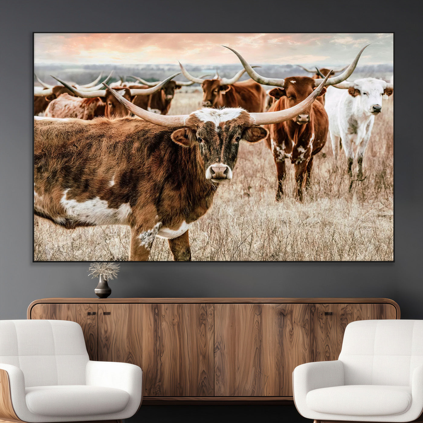 SEG-FC-51X34_Oversize - Texas Longhorn Cattle Wall Art Canvas Print – Rustic Western Ranch Scene with Steers at Sunset,