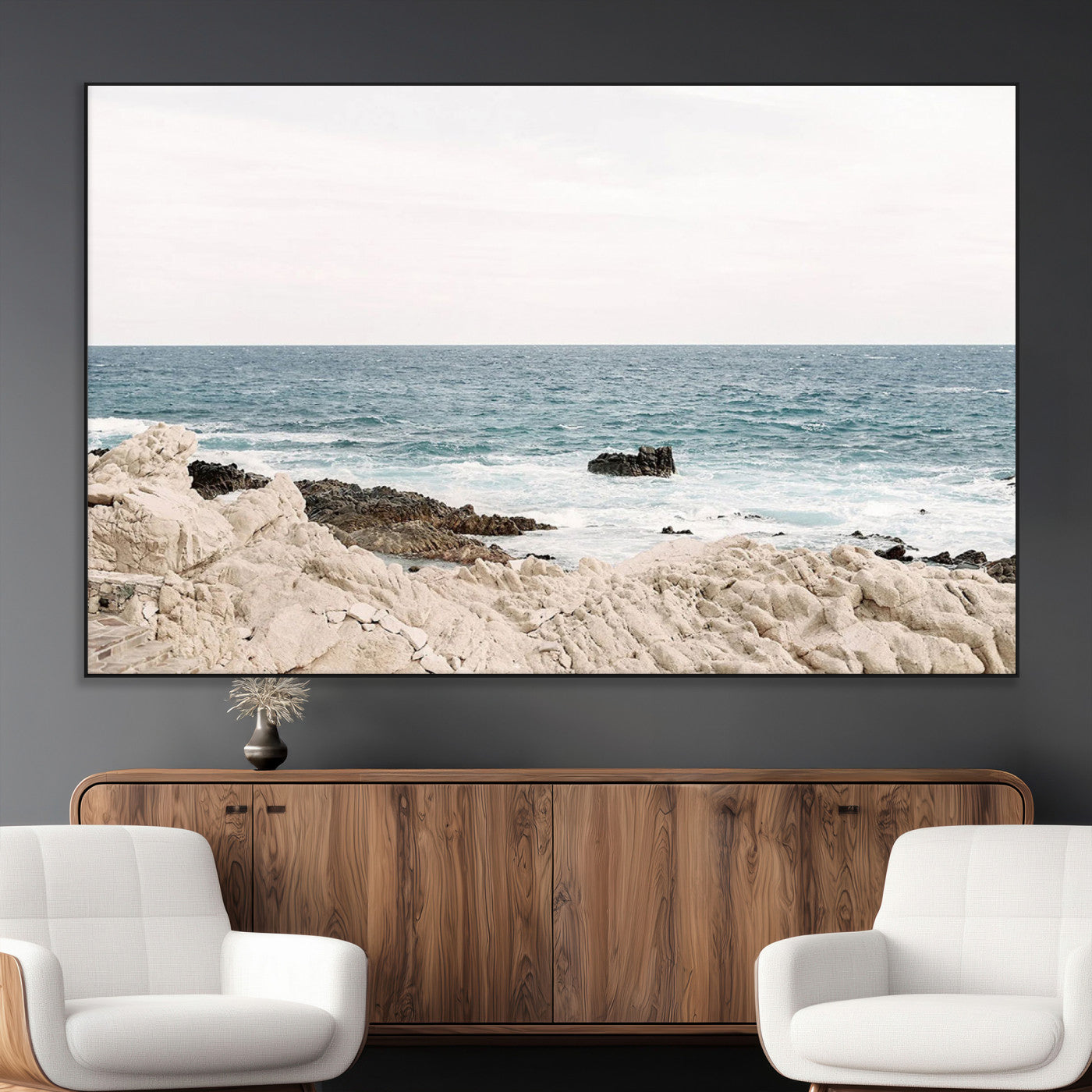 SEG-FC-51X34_Oversize - Coastal Ocean View Wall Art Canvas Print – Serene Rocky Shoreline and Blue Sea Photography for