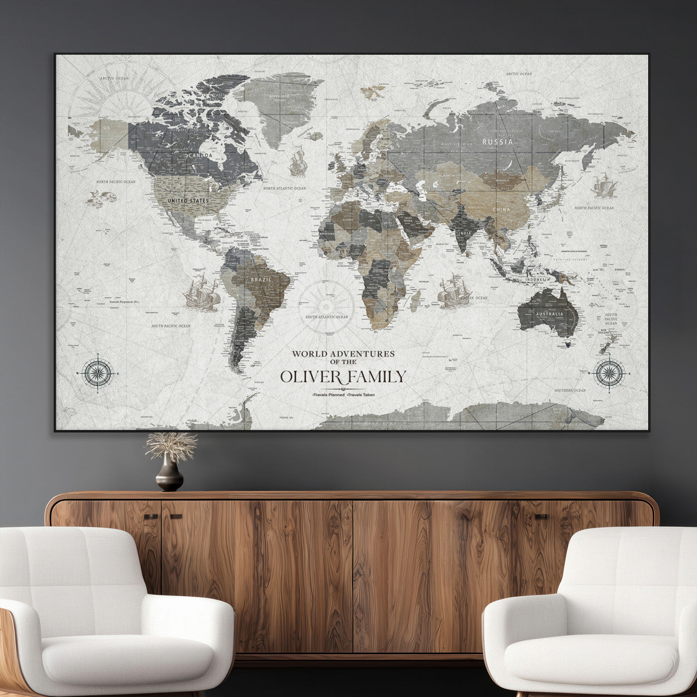 SEG-FC-51X34_Oversize - Custom Push Pin World Map Wall Canvas Print – Personalized Travel Tracker with Pins – Framed Large Multi-Size Canvas for Home Office Decor
