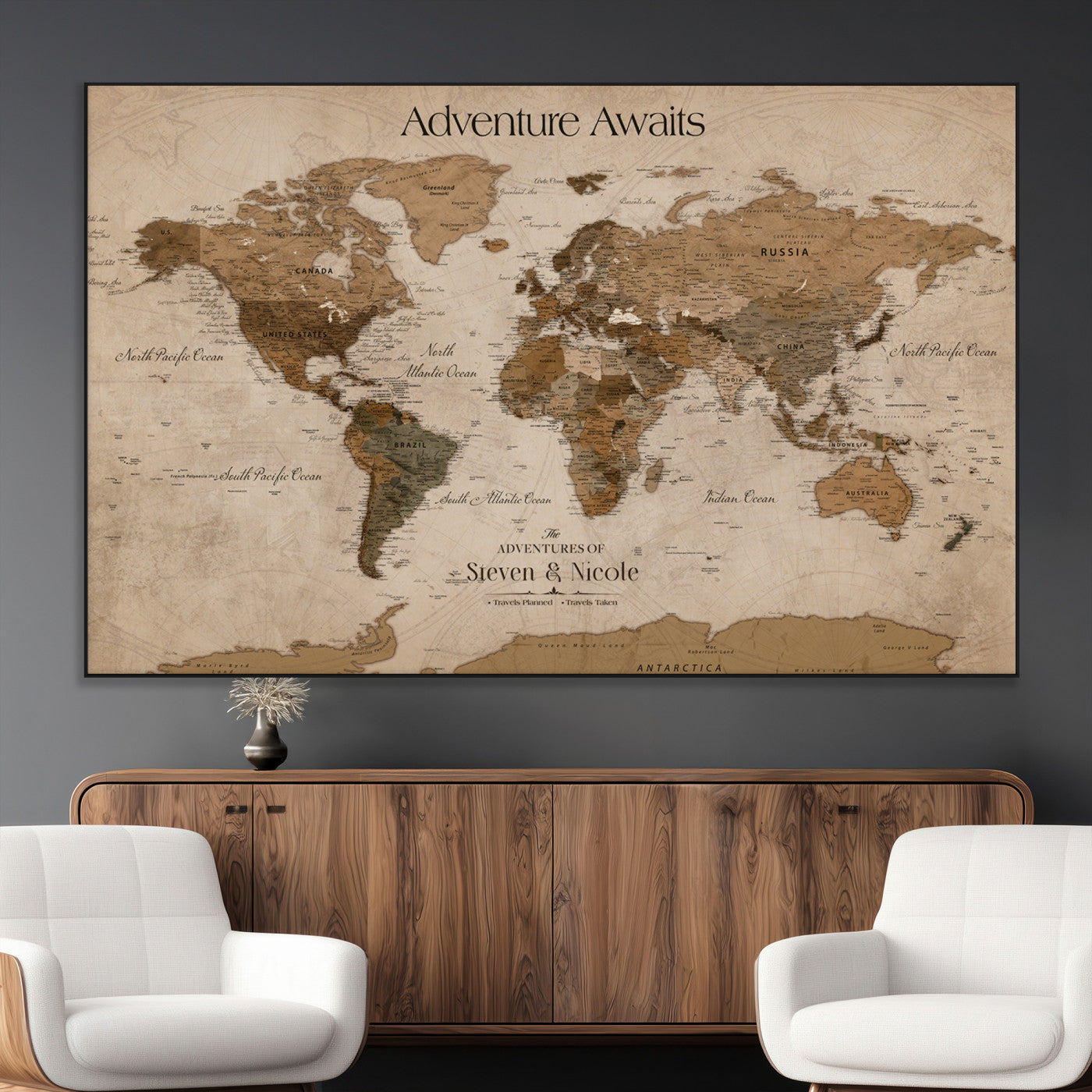 SEG-FC-51X34_Oversize - Custom Push Pin World Map Wall Canvas Print – Personalized Travel Tracker with Pins – Framed Custom Quotie Canvas for Home Office Decor