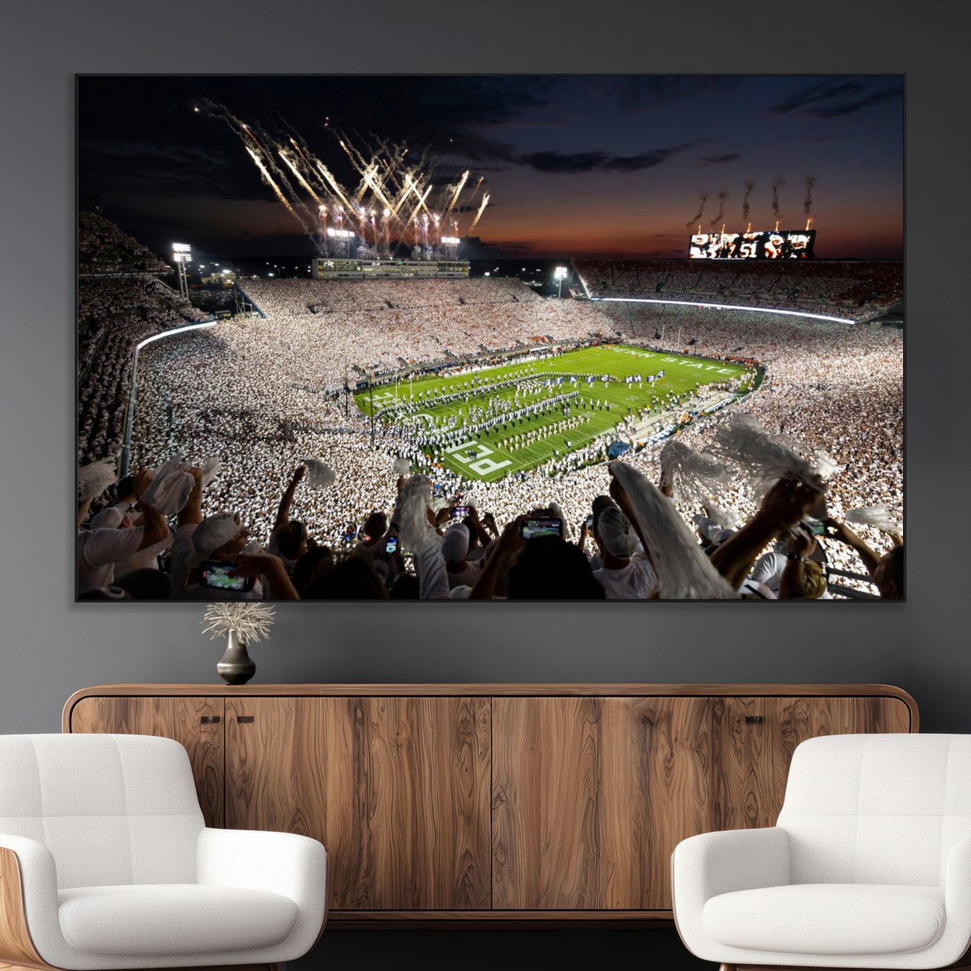 SEG-FC-51X34_Oversize - Penn State Stadium Wall Art Print, White Out Football Game Canvas Wall Art, Framed Sports Stadium,