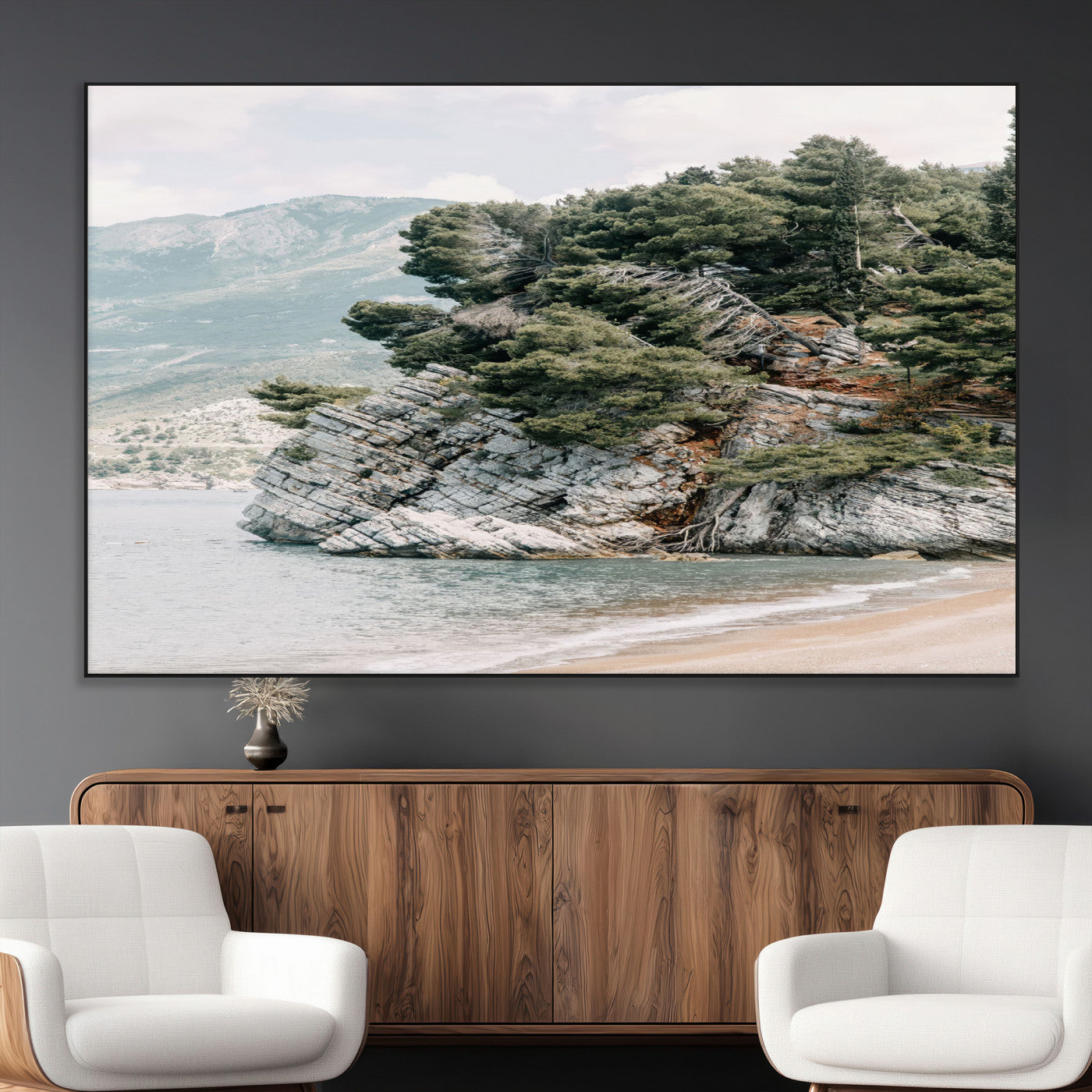SEG-FC-51X34_Oversize - Coastal Rock Canvas Wall Art Print, Scenic Beach Landscape, Pine Trees on Rocky Cliff, Large Nature