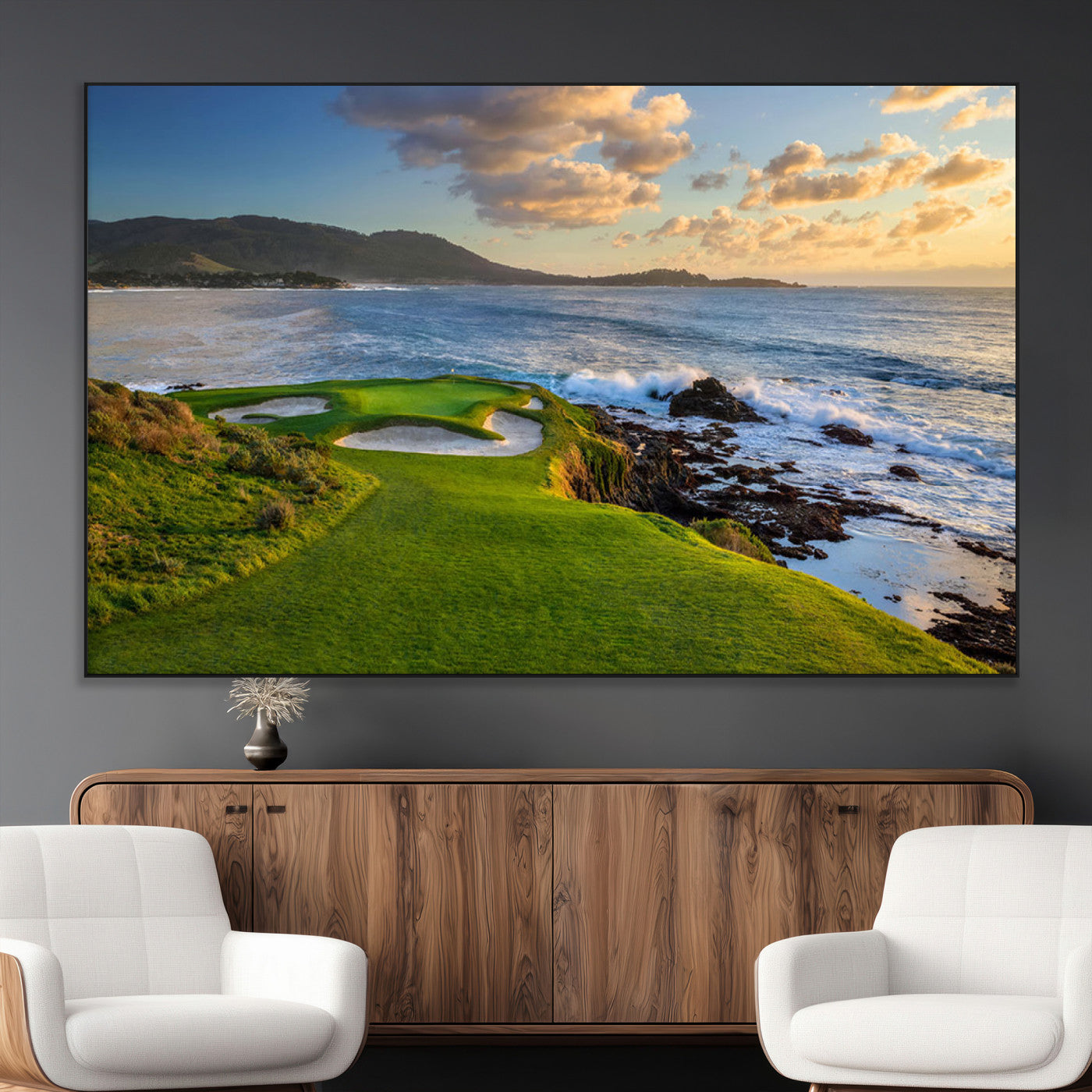 SEG-FC-51X34_Oversize - Stunning Coastal Golf Course at Sunset with Rolling Green Fairways and Ocean Waves – Perfect Wall