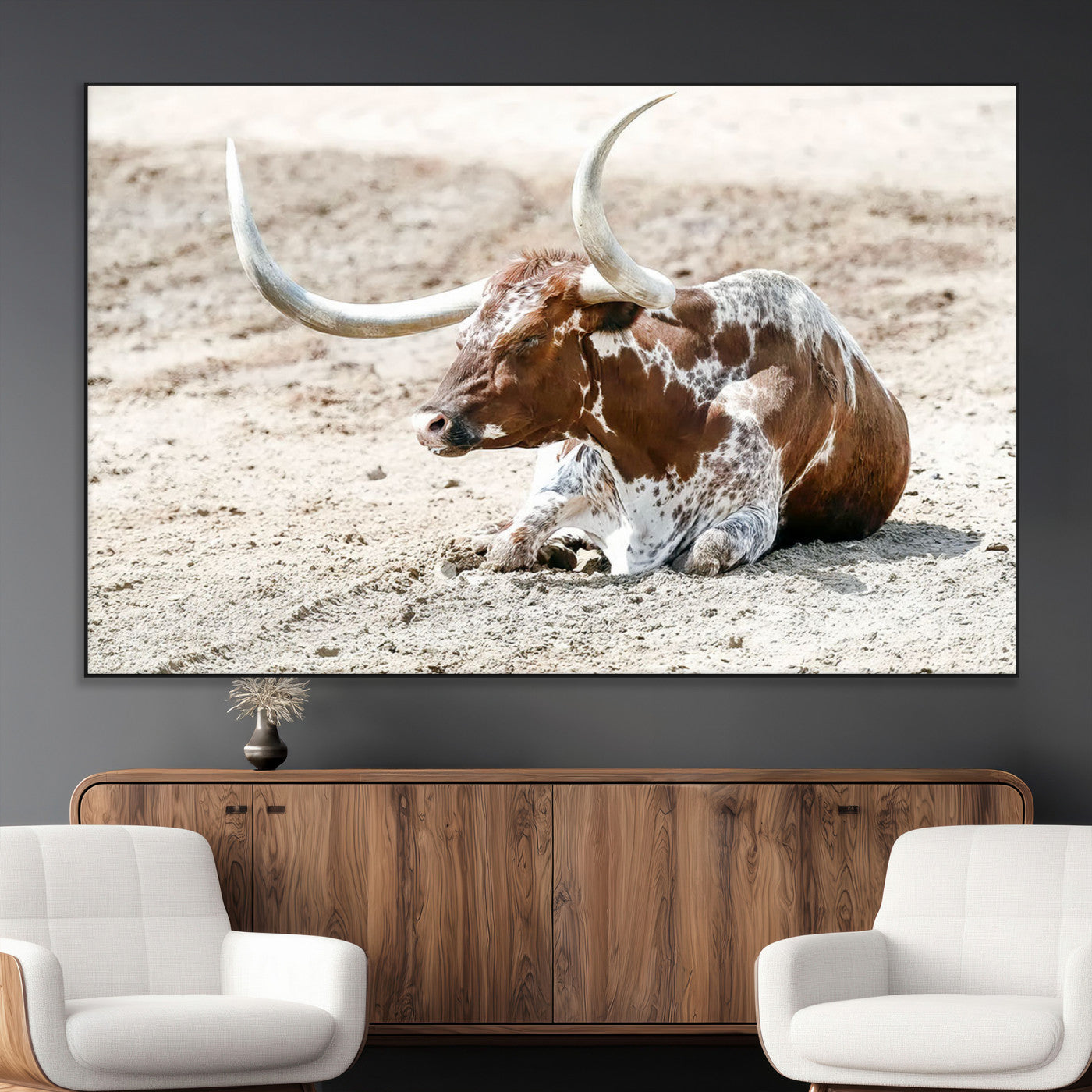 SEG-FC-51X34_Oversize - Majestic Longhorn Resting on Sunlit Desert Ground – Striking Western-Themed Wall Art Canvas Print