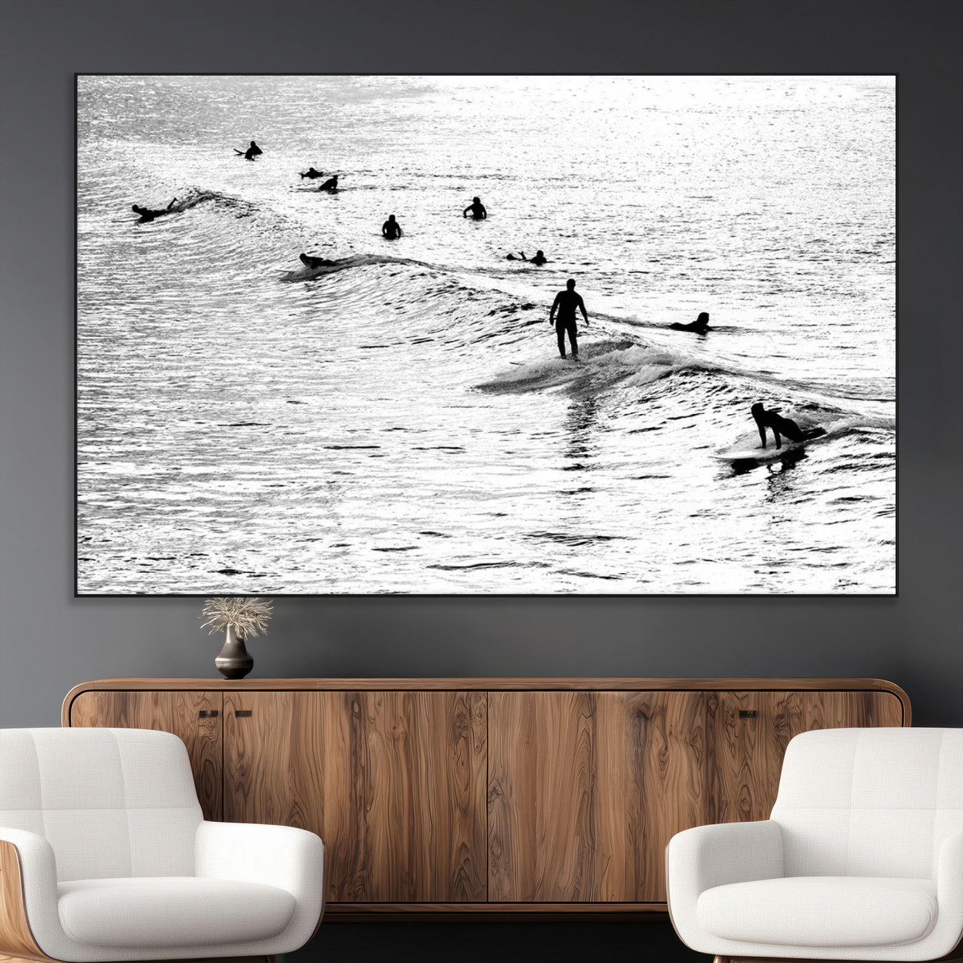SEG-FC-51X34_Oversize - Black and White Surfers Riding Gentle Ocean Waves – Minimalist Coastal Photography Wall Art Canvas