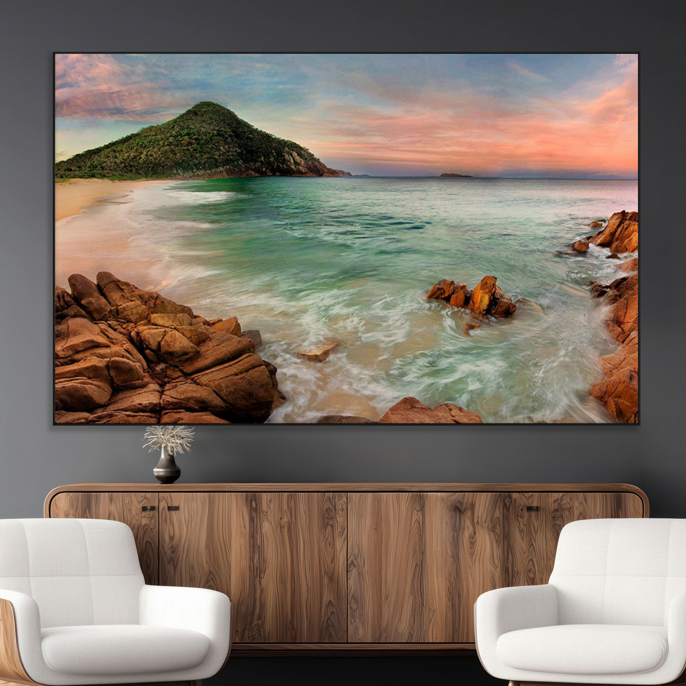 SEG-FC-51X34_Oversize - Stunning Coastal Landscape with Rocky Shore and Green Hills at Sunset – Beautiful Ocean View Wall