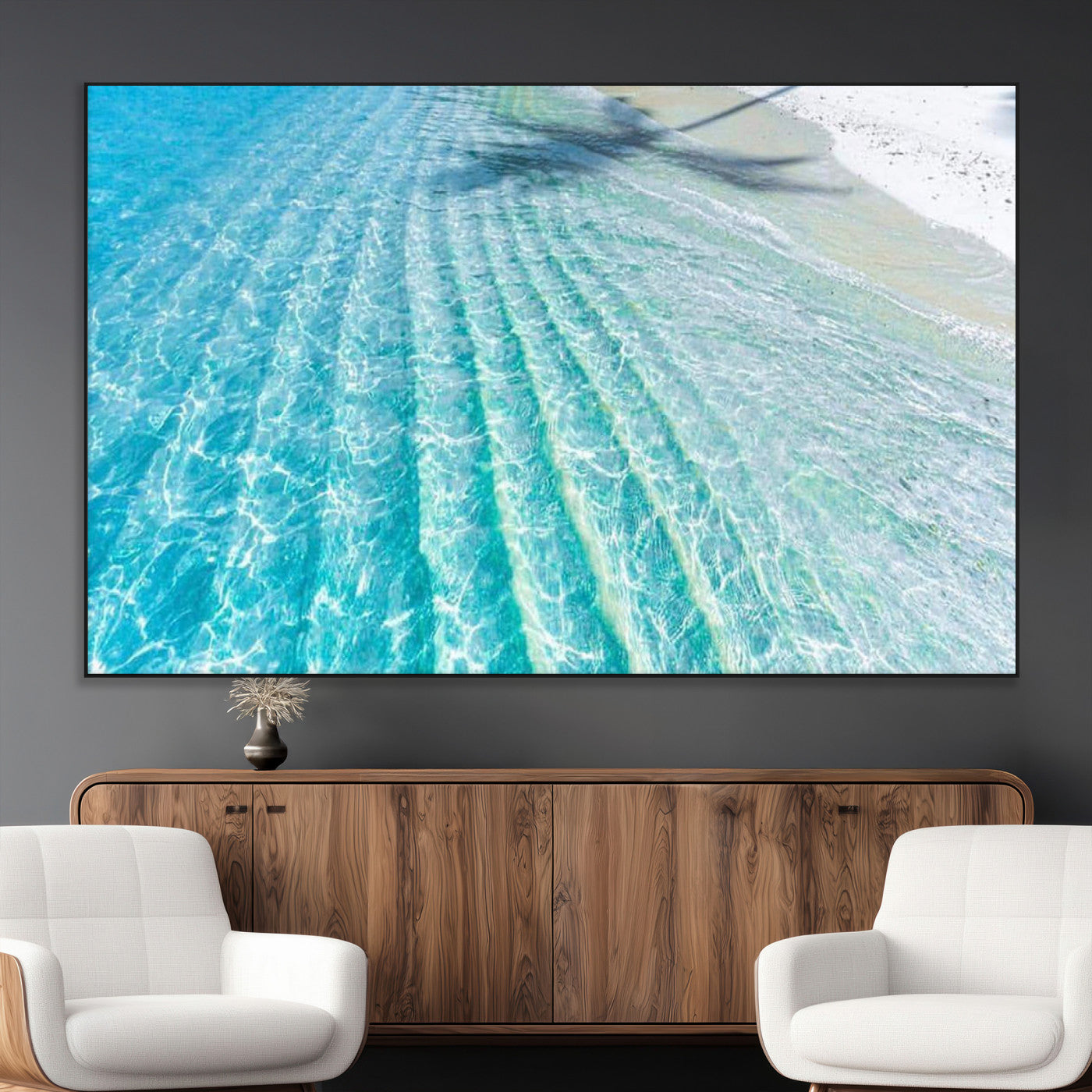 SEG-FC-51X34_Oversize - Crystal Clear Shallow Ocean Water with Sunlight Reflections and Palm Tree Shadow on Sandy Beach –