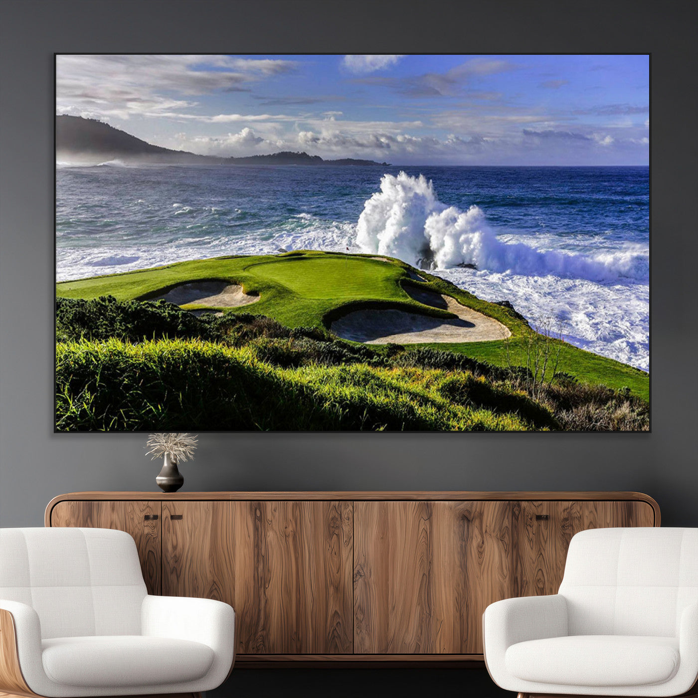 SEG-FC-51X34_Oversize - Dramatic Ocean Waves Crashing Against Rocky Coastline Near a Green Golf Course – Stunning Wall Art
