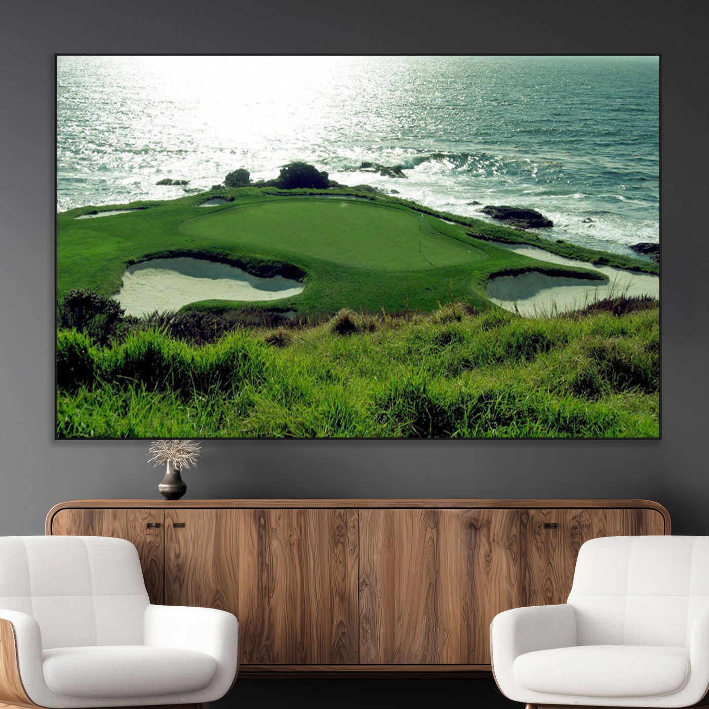 SEG-FC-51X34_Oversize - Scenic Coastal Golf Course Green Surrounded by Sand Bunkers and Ocean Waves Shimmering in the Sun –