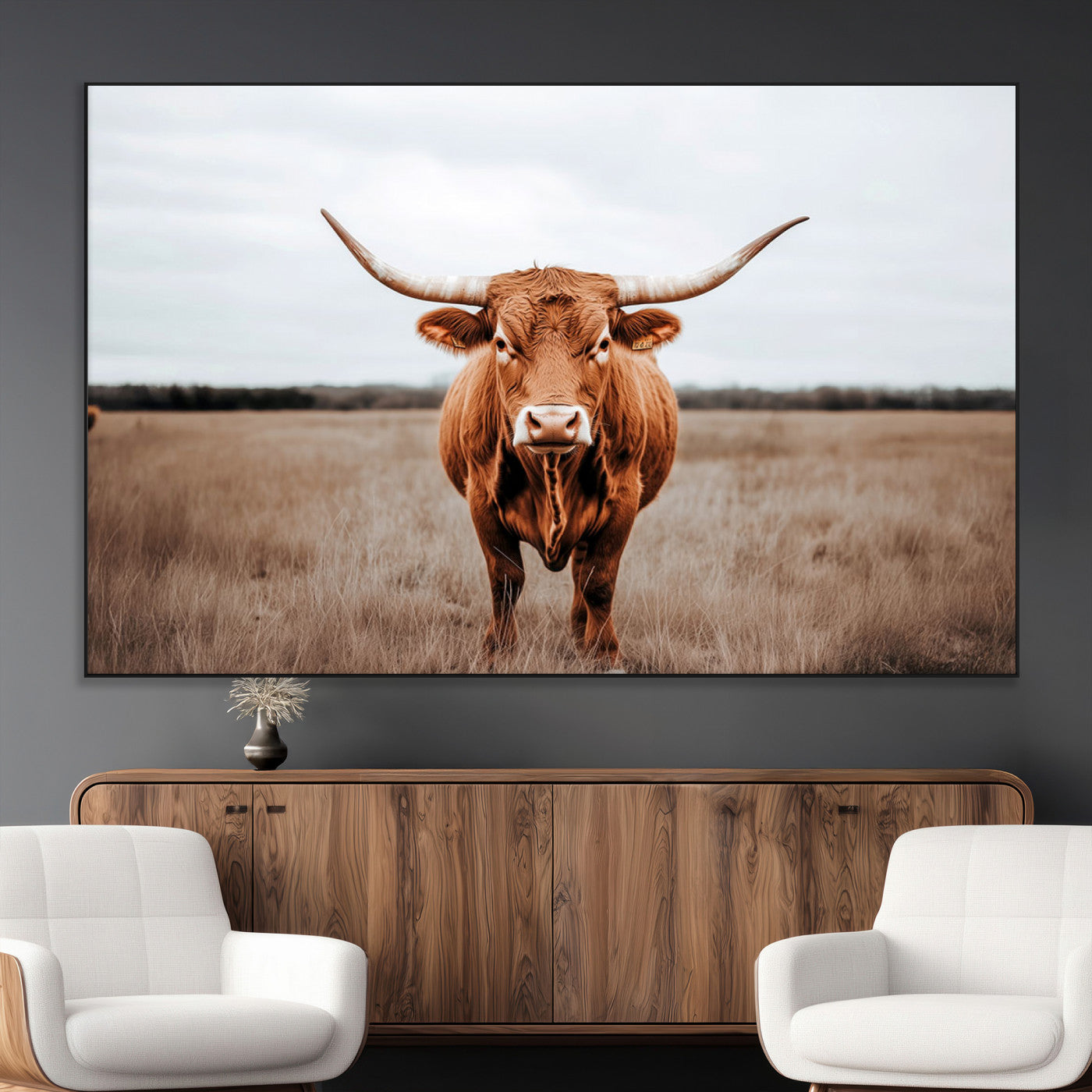 SEG-FC-51X34_Oversize - Longhorn bull, open field, rustic charm, natural beauty, Wall Art Canvas Print, countryside,