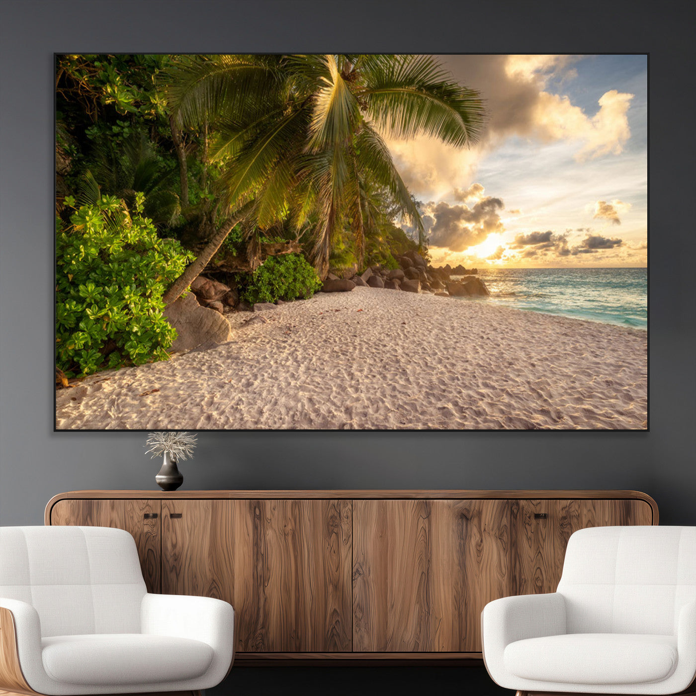 SEG-FC-51X34_Oversize - Tropical beach sunset, palm trees, white sand, ocean waves, golden sky, serene landscape, nature