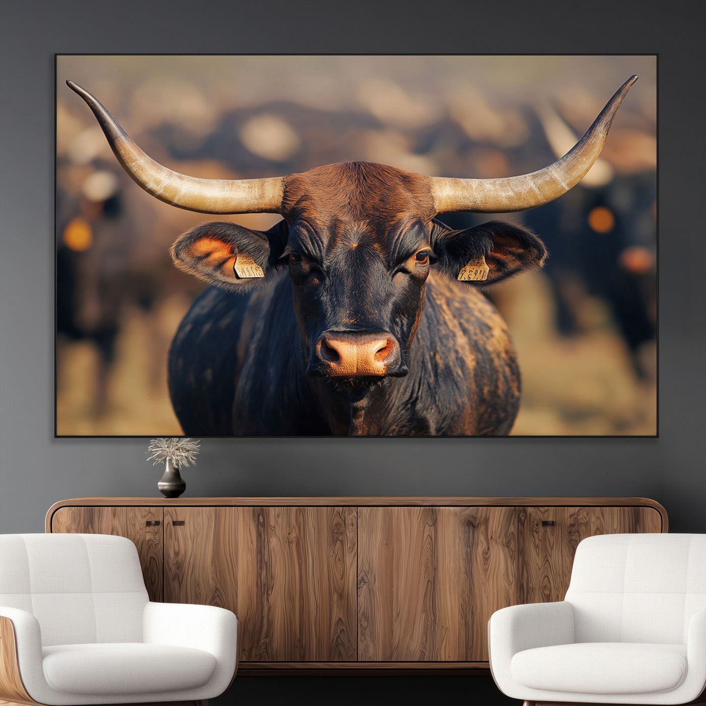 SEG-FC-51X34_Oversize - Majestic bull head close-up, long curved horns, detailed fur texture, warm sunlight, focused gaze,