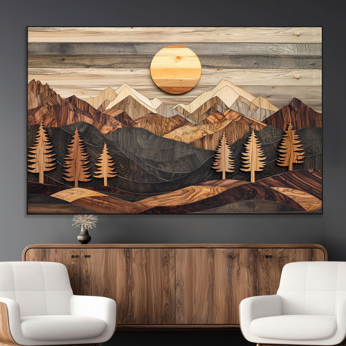 SEG-FC-51X34_Oversize - Wooden mountain landscape layered texture geometric shapes sun pine trees rustic natural tones Wall