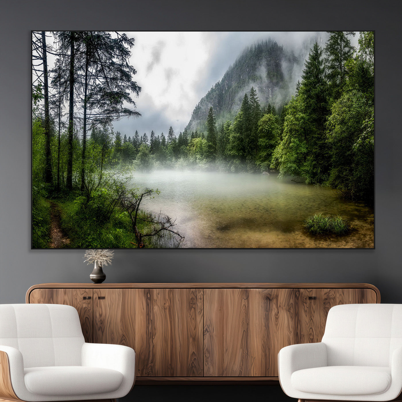 SEG-FC-51X34_Oversize - Misty Lake Forest Green Trees Calm Water Reflection Mountain Fog Nature Landscape Outdoor Scenic