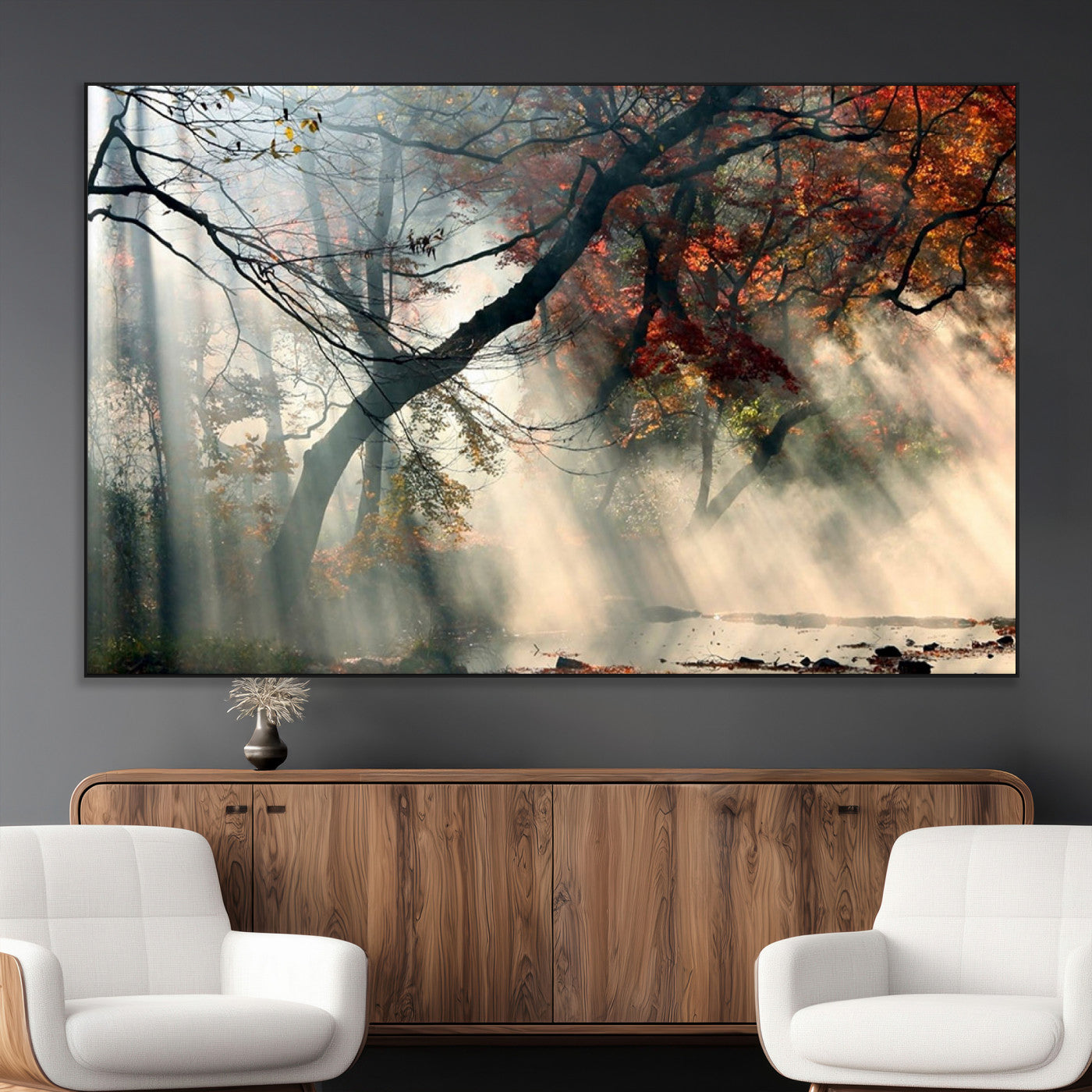 SEG-FC-51X34_Oversize - Sunlit Autumn Forest Mist Trees Rays Fog Nature Scenic Peaceful Tranquil Leaves Landscape Morning