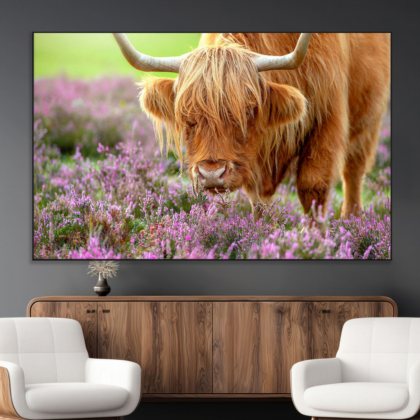 SEG-FC-51X34_Oversize - Highland Cow Purple Flowers Nature Pasture Scenic Wildlife Animal Grazing Meadow Calm Rustic Charm